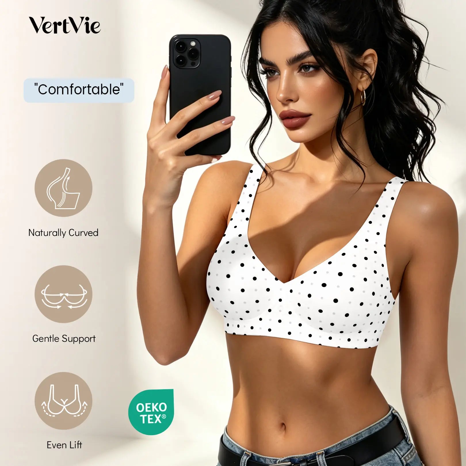 Vertvie Jelly Bra Polka Dots Deep V Seamless Bras Wireless Everyday T-Shirt Bra Plunge with Wide Straps Comfort & Sexy