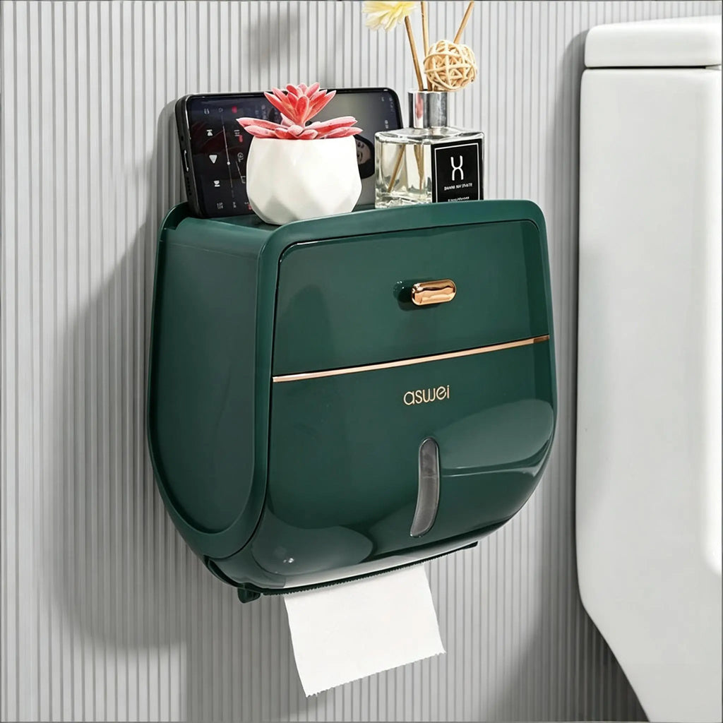1-Piece Wall-Mounted Toilet Paper Holder, Double-Capacity Bathroom Tissue Waterproof Storage Box, Space-Saving Bathroom Organizer