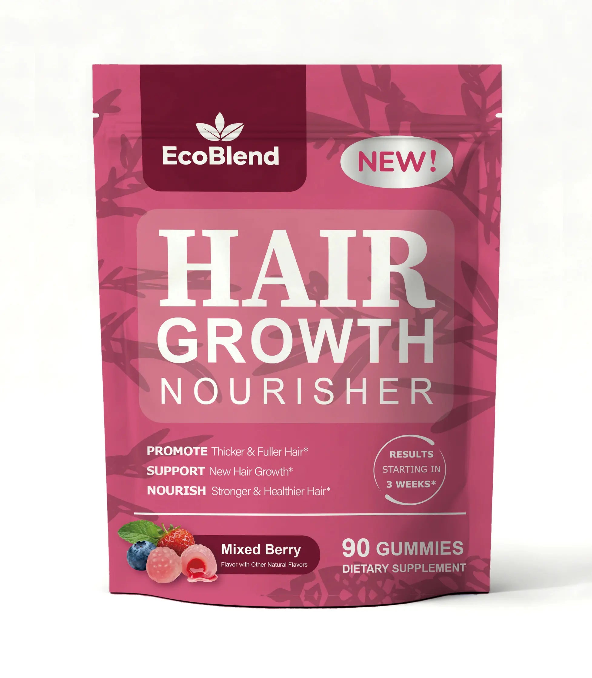 Ecoblend Women'S Hair Growth Dietary Supplement Gummies - Natural Blend, Prop 65 Safe, Gentle Formula for Thinning Hair Nourishment & Fuller Locks, Filled, Mixed Berry Flavor, 90 Count (45-Day Supply), Chewable, Hair & Nail Care