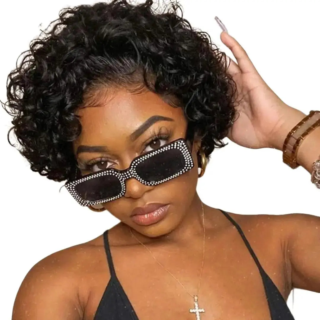 [Bling Hair] Pixie Cut Wig Human Hair 13X1 Lace Frontal Wigs Short Bob Human Hair Wig for Women Spring Curl Natural Black Color Curly Bob Wig True Scalp Wig