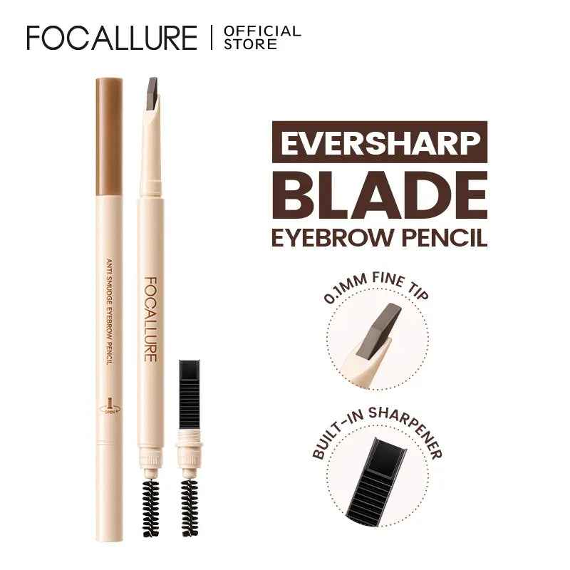 FOCALLURE Eversharp Blade Cosmetic Eyebrow Pencil with Sharpener, Waterproof, Smudge-Proof, High Pigmented, Break-Resistant, Non-Caking, Smooth Pre-Filled Natural-Looking Makeup Eyebrow Pencil