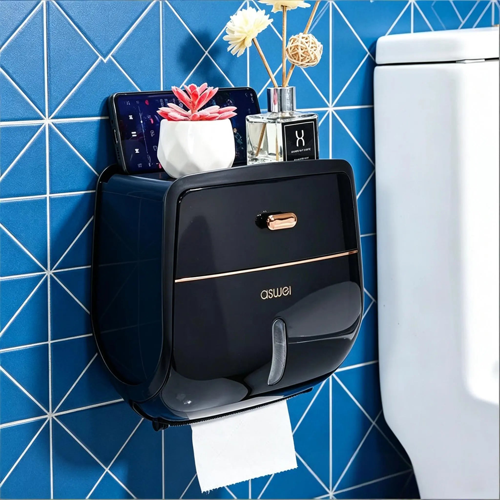 1-Piece Wall-Mounted Toilet Paper Holder, Double-Capacity Bathroom Tissue Waterproof Storage Box, Space-Saving Bathroom Organizer