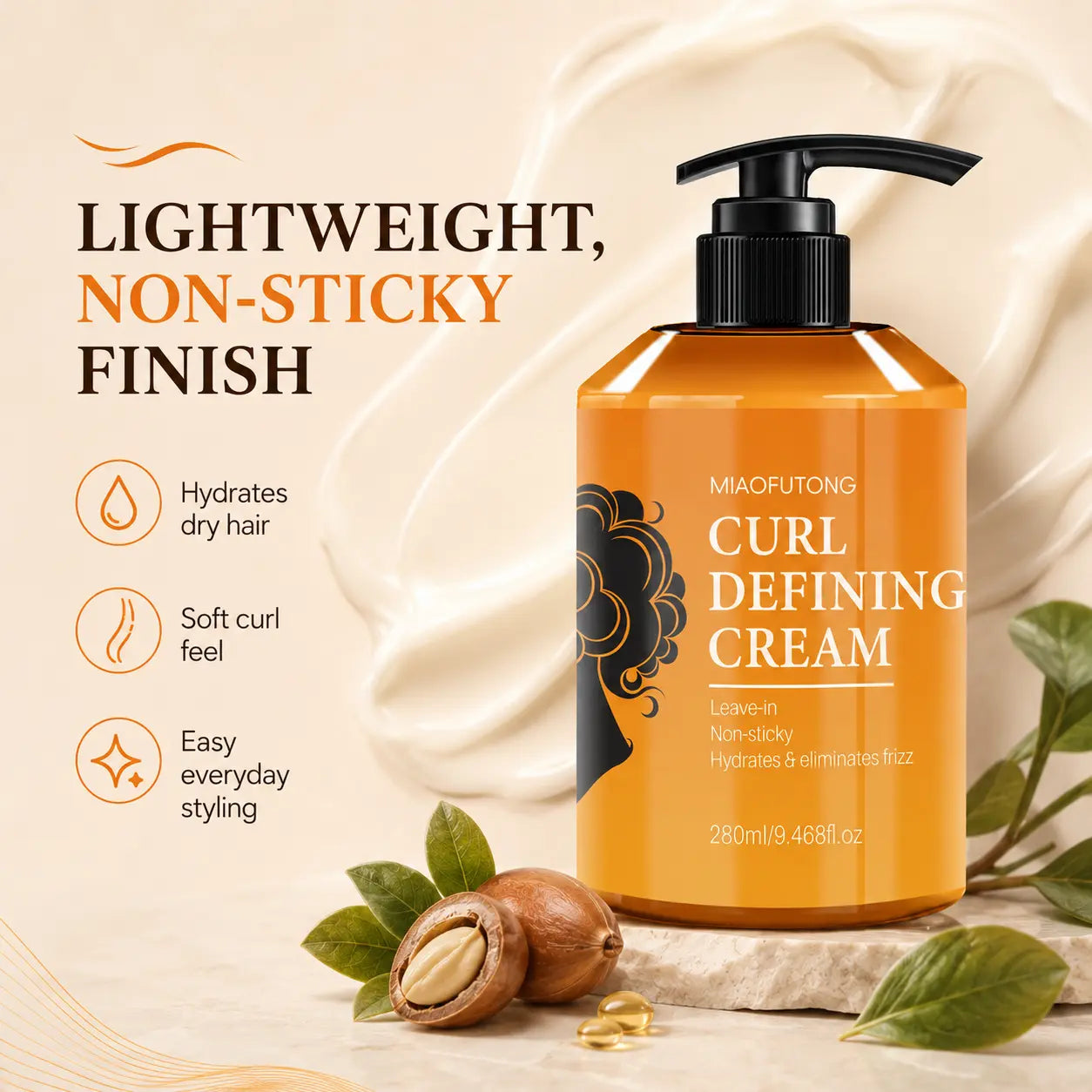 Curl Defining Cream 280Ml for Wavy & Curly Hair, Lightweight Leave-In Styling Cream Helps Smooth Frizz, Moisturize Dry-Feeling Hair, Reduce Static, Add Soft Bounce & Natural Curl Definition