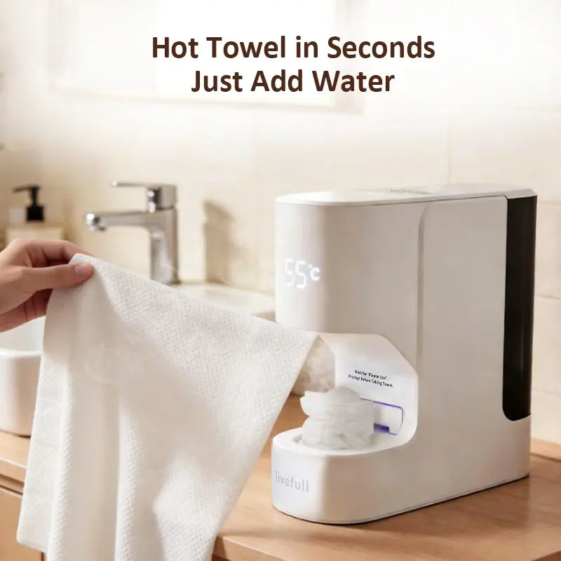 Livefull CL01 Facial Towel Warmer, Automatic Dispenser, 55°C Warm Towels, 20 Compressed Towels Included, Home Spa Device
