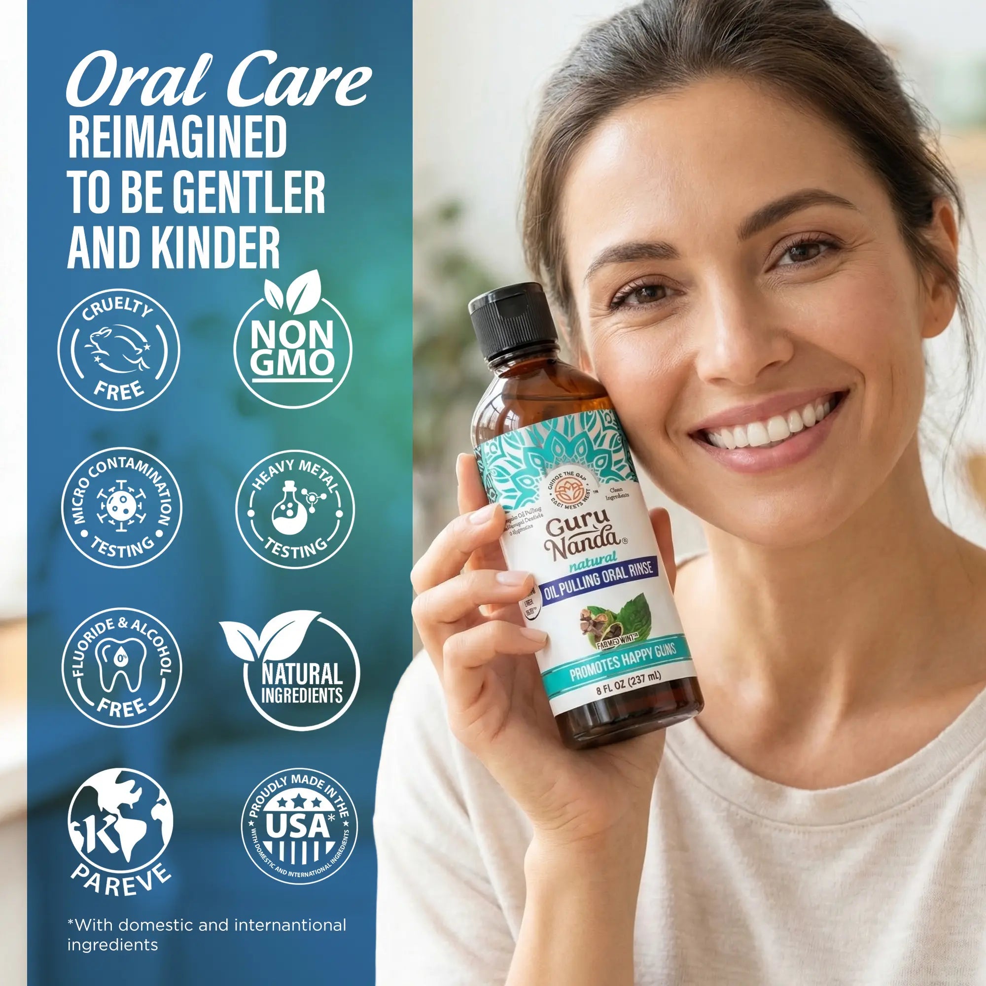 Gurunanda Cocomint Oil Pulling Mouthwash with 7 Essential Oils & 3 Vitamins, Promotes Fresh Breath & Happy Gums, Alcohol-Free, 8 Fl Oz