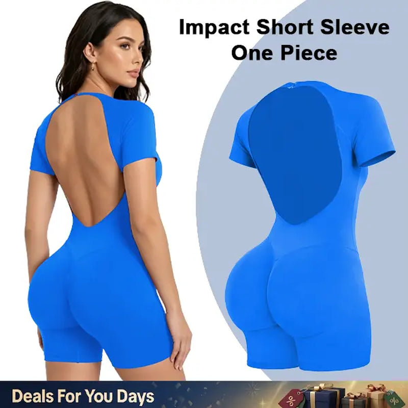 [SIZE up 1] GYMER Impact Short Sleeve One Piece Women Soft Padded Bralette Tummy Control Butt Lifting Gym Workout Yoga One Piece Activewear Sports Jumpsuit [STRONG COMPRESSED]