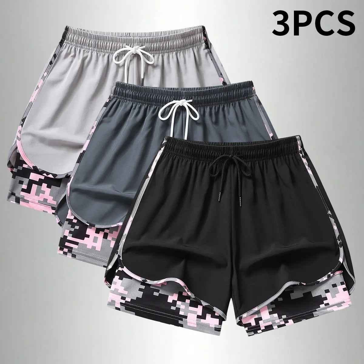 3PCS Women'S Sports Shorts, Camo Lined Polyester Athletic Shorts, Elastic Drawstring Waist, Casual Lightweight Shorts for Running, Gym Workouts & Daily Casual Wear,Summerwins
