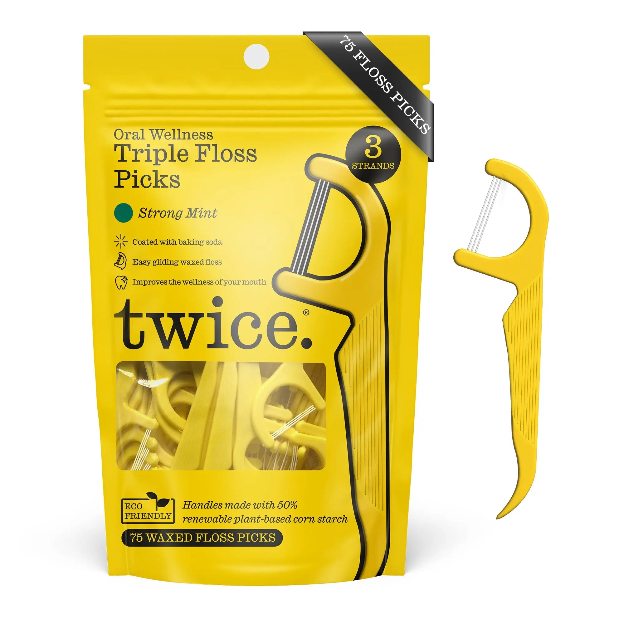 Twice Floss Picks with 3-Strands – Wax-Coated Floss & Toothpick, Strong Mint