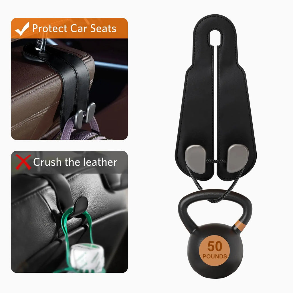 Car Seat Headrest Hooks - 2 Pack Universal Car Purse Hook, Leather Car Bag Purse Holder with Double Metal Hooks for Handbags, Grocery Bags, Bottles, Phones