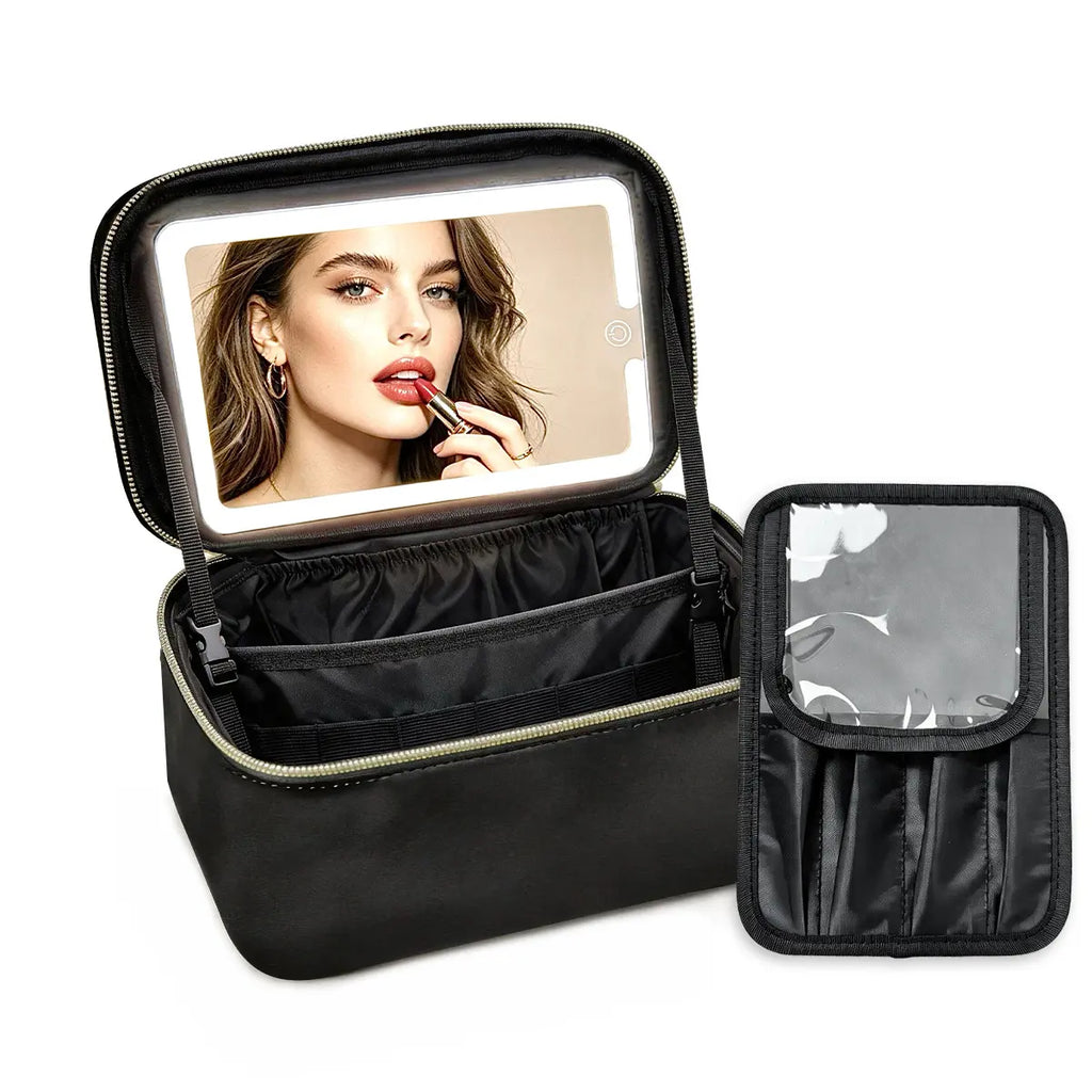 Travel Makeup Bag, Portable Cosmetic Bag, Large Capacity Travel Makeup Case Organizer, Black for Women Toiletry Bag for Girls Traveling with Handle and Divider
