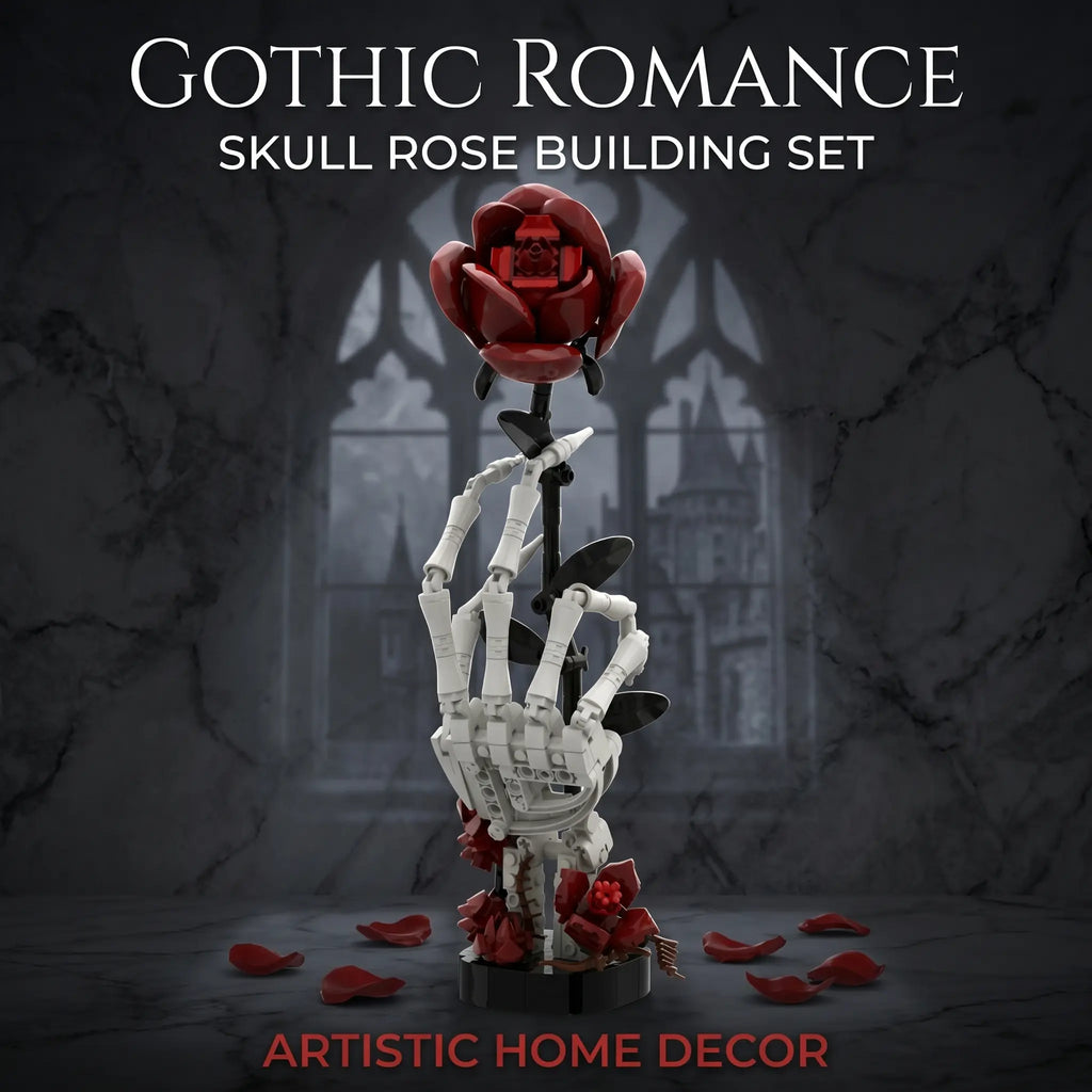Gothic Skull Hand Rose Building Set – Dark Romantic Skeleton Hand Holding Rose, Viral Aesthetic Desk Decor, Horror-Inspired Room Display, Unique Gift Idea for Adults & Teens, Creative Model Kit