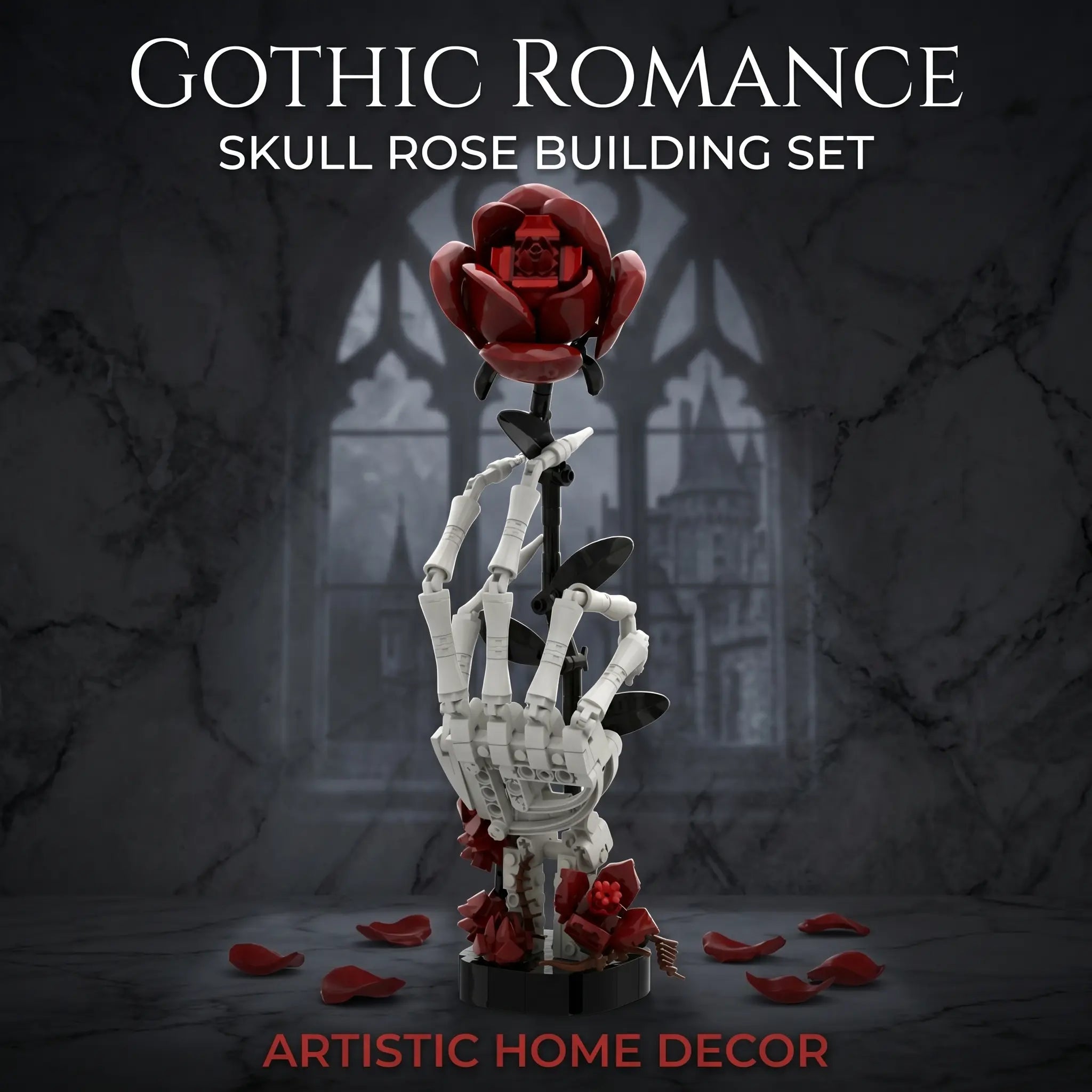 Gothic Skull Hand Rose Building Set – Dark Romantic Skeleton Hand Holding Rose, Viral Aesthetic Desk Decor, Horror-Inspired Room Display, Unique Gift Idea for Adults & Teens, Creative Model Kit