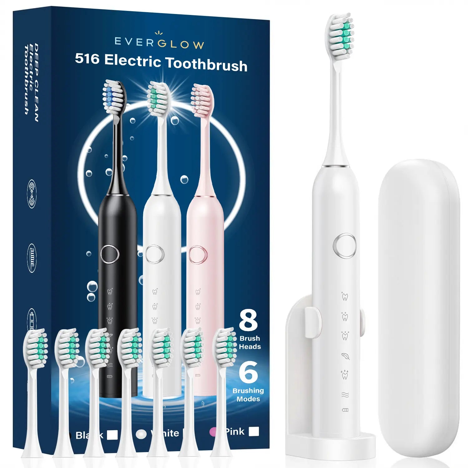 Premium Quality, Insanely Cheap! Everglow Electric USB Charging Toothbrush, 1 Count Soft Bristles Toothbrushes & 4 Counts Brush Head & 1 Count Charging Cable, Intelligent Cleaning Toothbrushes, Gift