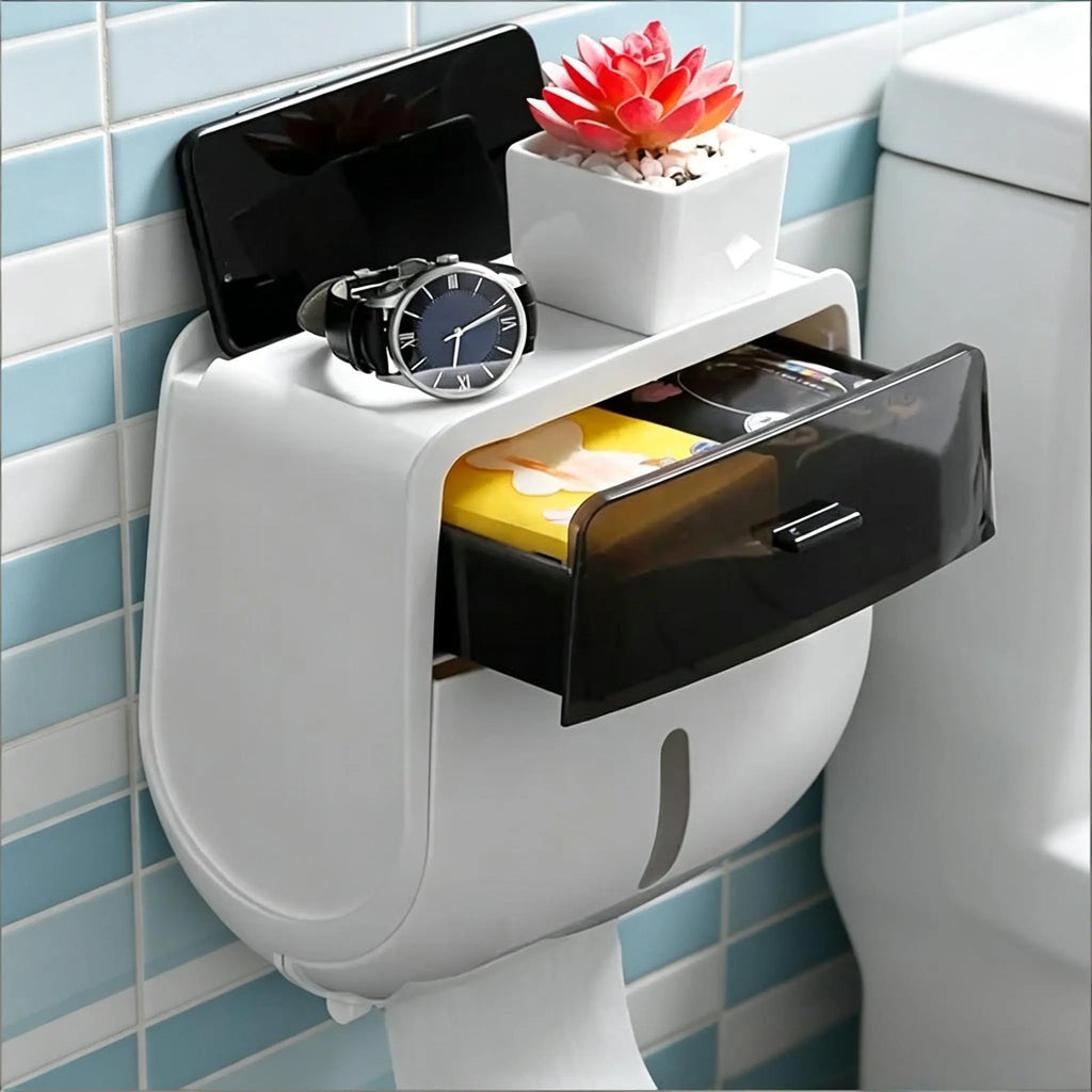 1-Piece Wall-Mounted Toilet Paper Holder, Double-Capacity Bathroom Tissue Waterproof Storage Box, Space-Saving Bathroom Organizer