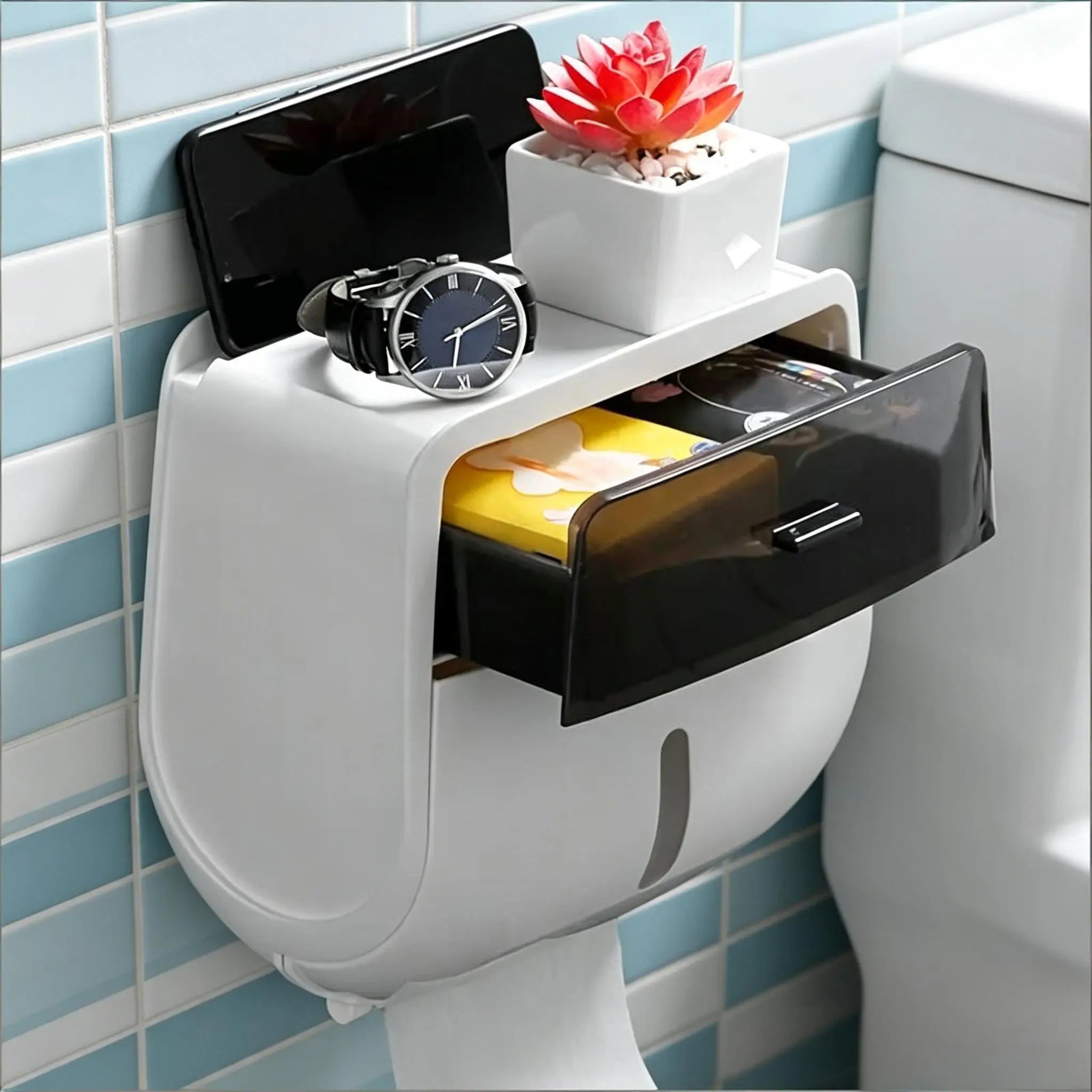 1-Piece Wall-Mounted Toilet Paper Holder, Double-Capacity Bathroom Tissue Waterproof Storage Box, Space-Saving Bathroom Organizer