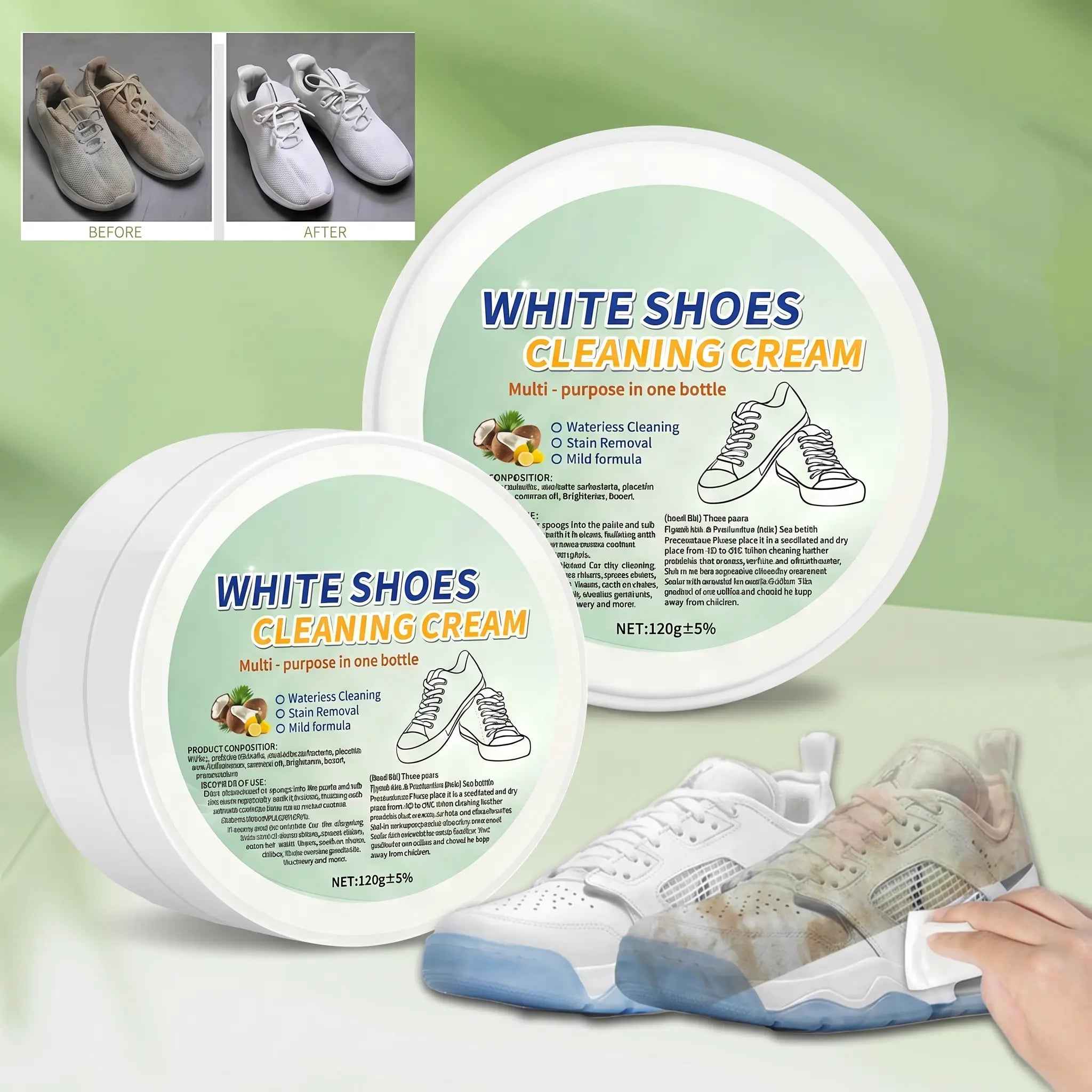 White Shoe Cleaning Cream with Sponge Applicator - Multi-Purpose Leather Upholstery & Footwear Cleaner for Sneakers, Canvas Shoes Casual