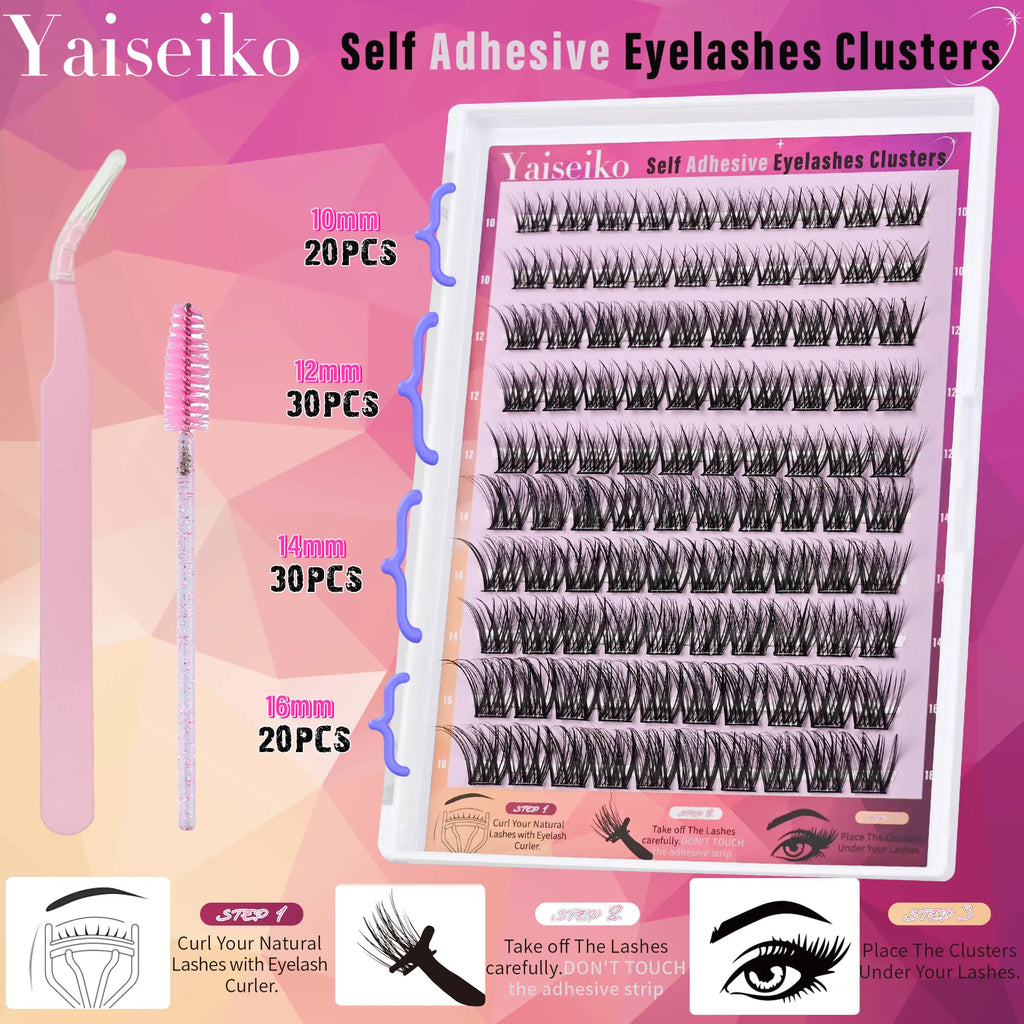 Self Adhesive Eyelashes Clusters Wispy Eyelash Extension Self Adhesive Eyelashes Reusable Press on Lashes No Glue Needed Lash Clusters 10-16Mm D Curl Individual Lashes Extensions with Tweezers
