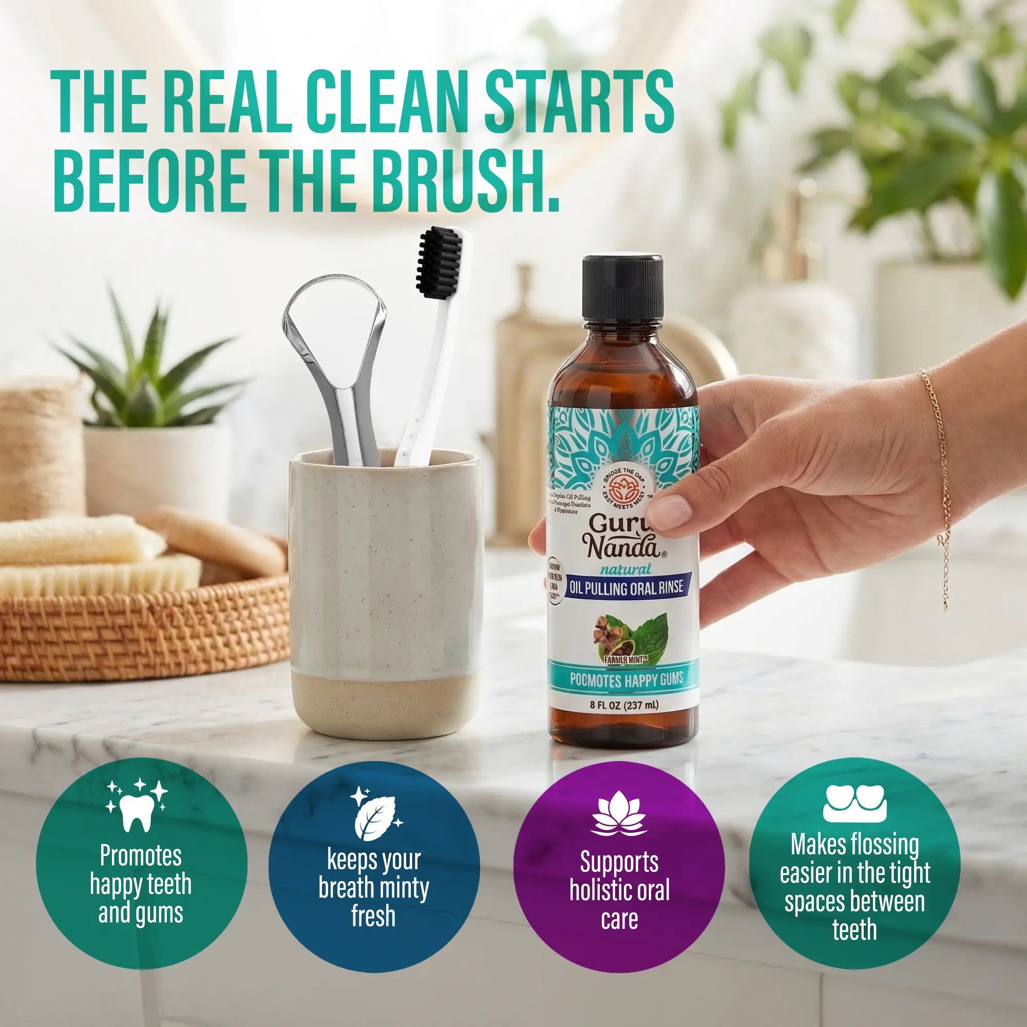 Gurunanda Cocomint Oil Pulling Mouthwash with 7 Essential Oils & 3 Vitamins, Promotes Fresh Breath & Happy Gums, Alcohol-Free, 8 Fl Oz