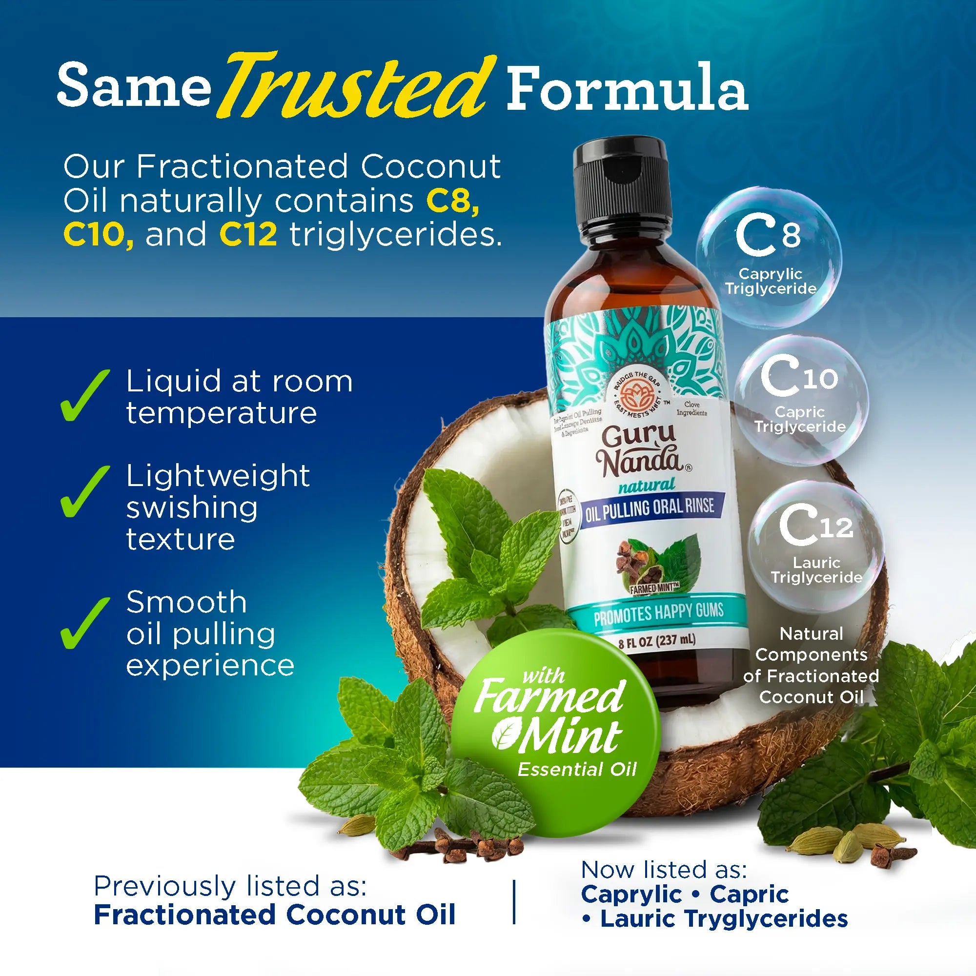 Gurunanda Cocomint Oil Pulling Mouthwash with 7 Essential Oils & 3 Vitamins, Promotes Fresh Breath & Happy Gums, Alcohol-Free, 8 Fl Oz