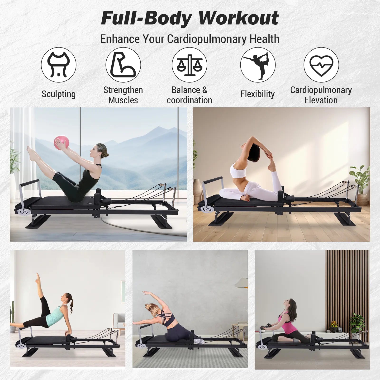 Pilates Reformer Machine 77.5 in Foldable Pilates Equipment for Home Gym Workout,Adjustability Pilates Workout Equipment with Resistance Ropes for Advanced and Beginners