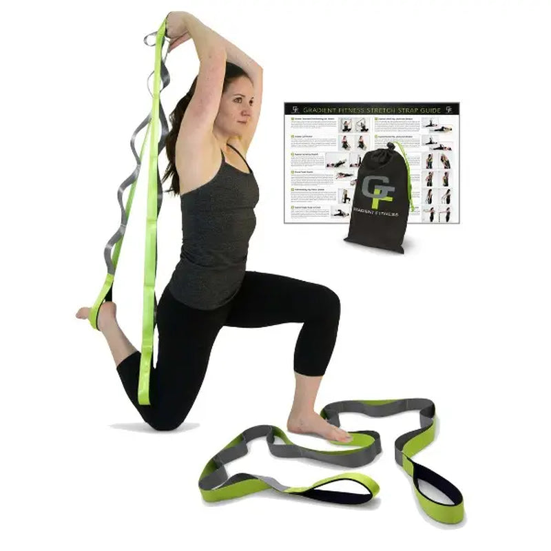 Gradient Fitness Stretching Strap Wide Grip 1.5 Inch X 8 Feet - 12 Multi Loop Non Elastic Nylon Stretch Band with Neoprene Handles, Storage Bag and 12 Exercise Poster - 4 Color Options