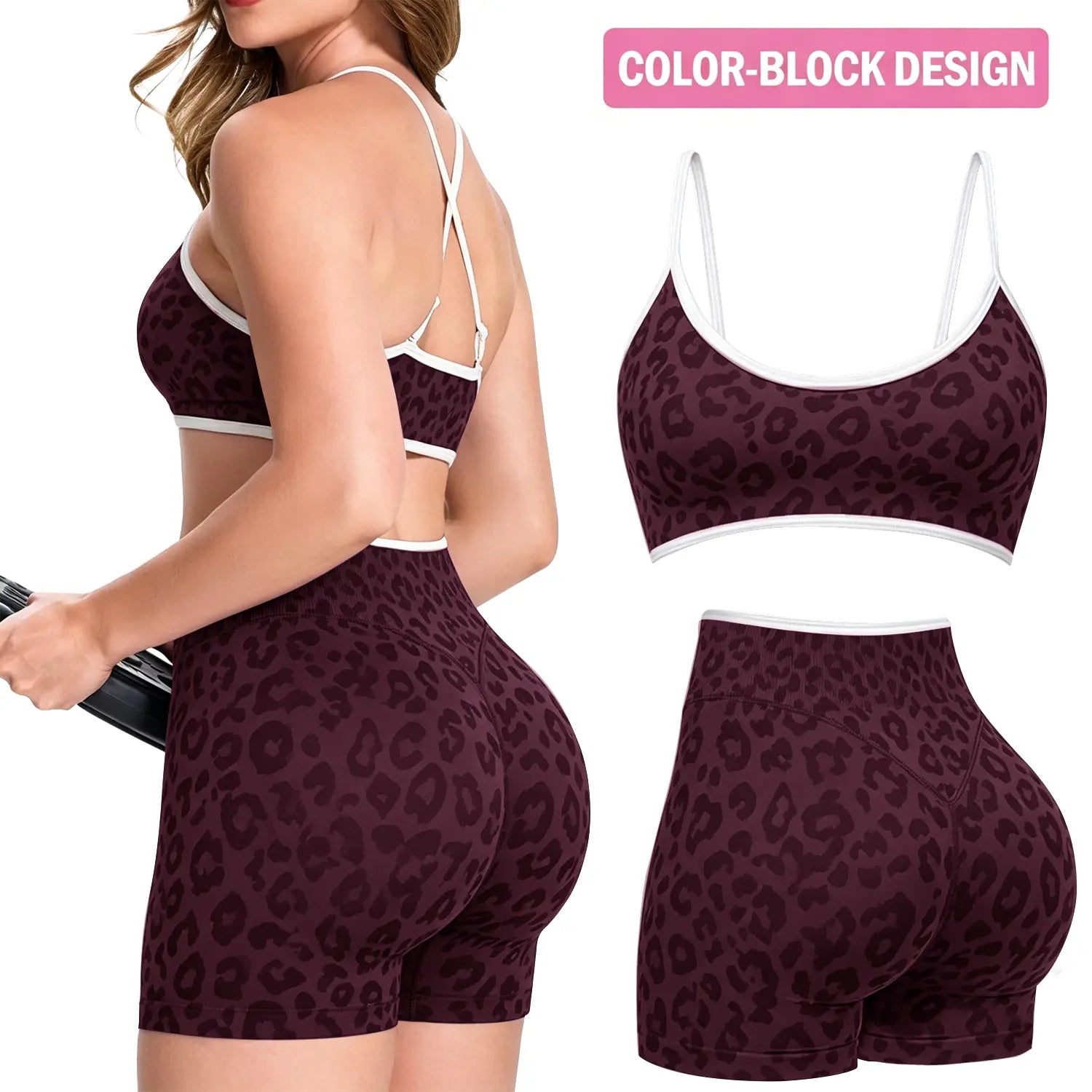 Jetjoy 2 Pieces Workout Sets for Women, Leopard Womens 2 Piece Workout Sets Seamless Color Block Spaghetti Straps Sports Bra Scrunch Butt Lifting High Waist Shorts Gym Set Tracksuit