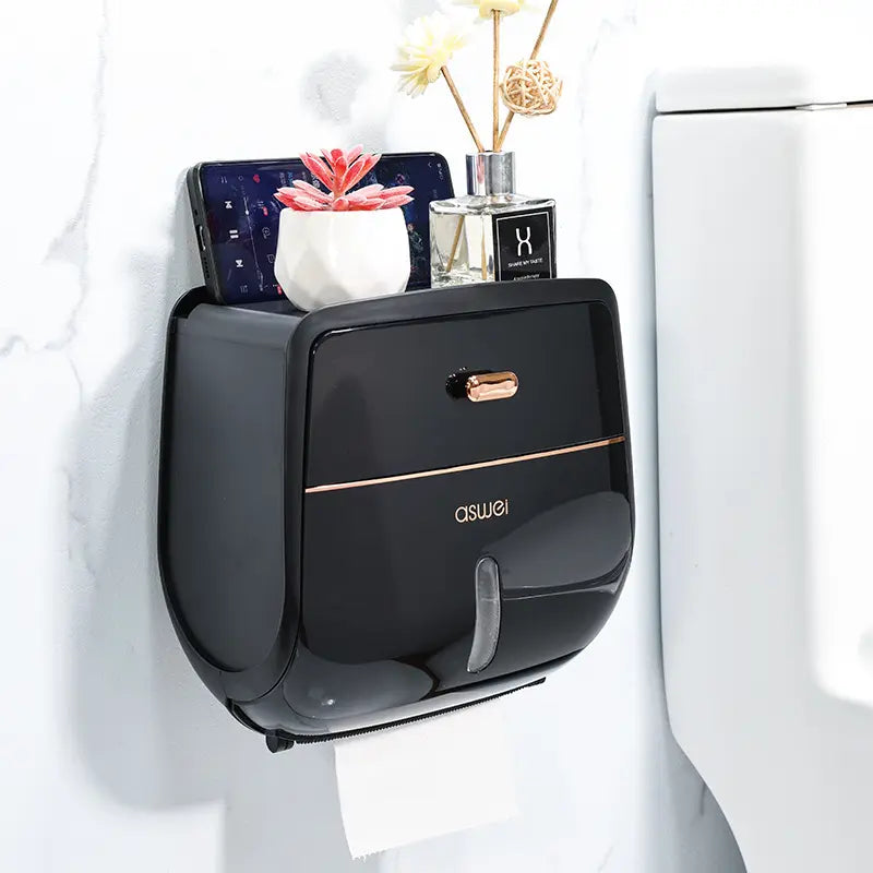 1-Piece Wall-Mounted Toilet Paper Holder, Double-Capacity Bathroom Tissue Waterproof Storage Box, Space-Saving Bathroom Organizer