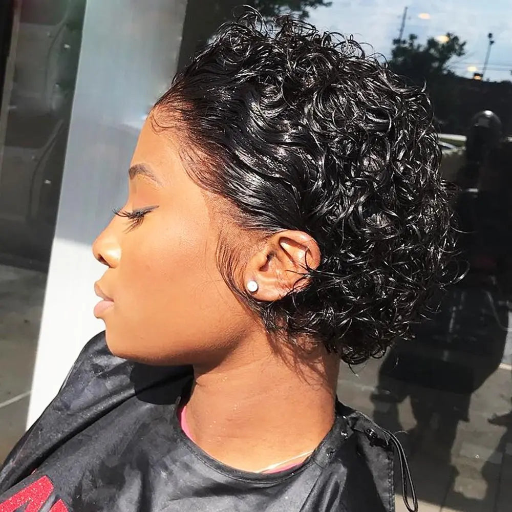 [Bling Hair] Pixie Cut Wig Human Hair 13X1 Lace Frontal Wigs Short Bob Human Hair Wig for Women Spring Curl Natural Black Color Curly Bob Wig True Scalp Wig