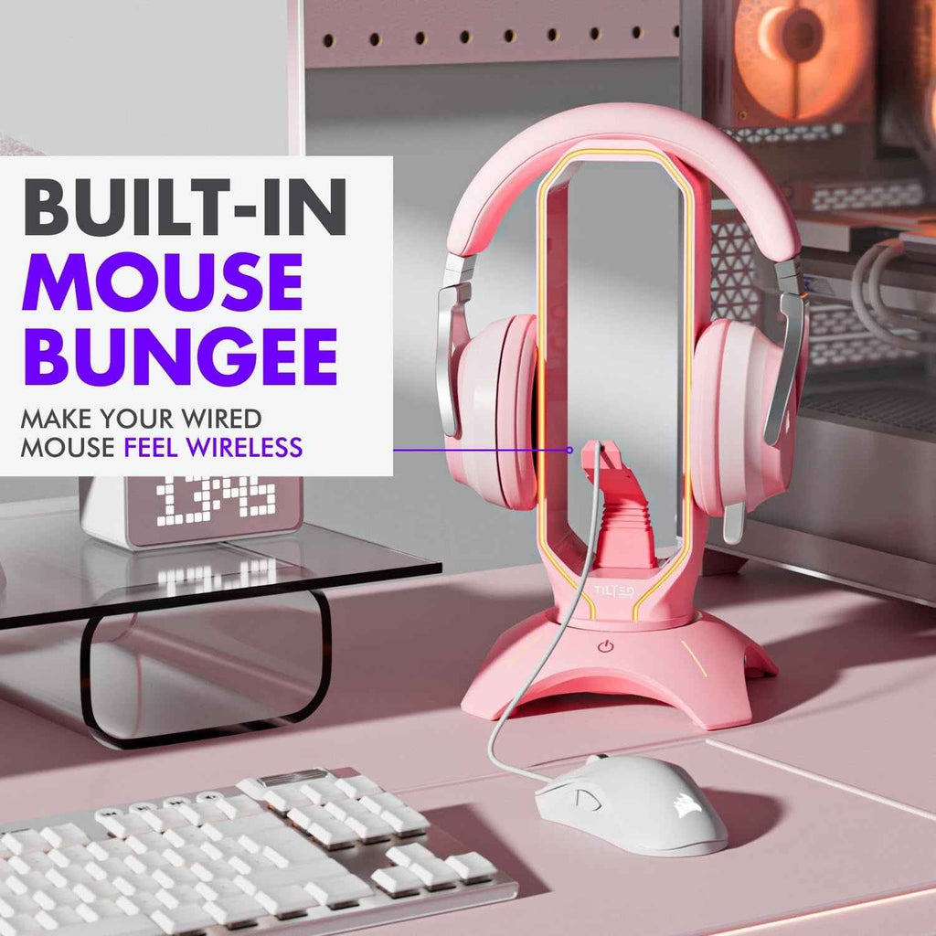 Cute Headphone Stand Pink | Headset Stand with RGB, Mouse Bungee Holder, and 2 Port USB Hub Charger - Desk Gaming Accessories