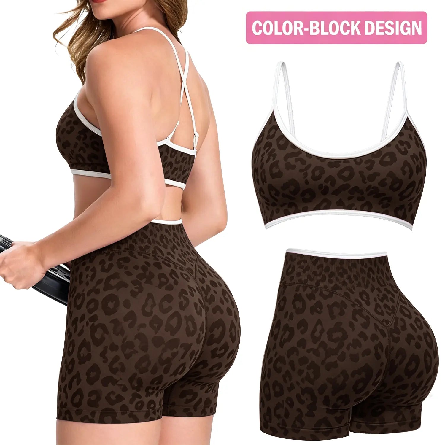 Jetjoy 2 Pieces Workout Sets for Women, Leopard Womens 2 Piece Workout Sets Seamless Color Block Spaghetti Straps Sports Bra Scrunch Butt Lifting High Waist Shorts Gym Set Tracksuit