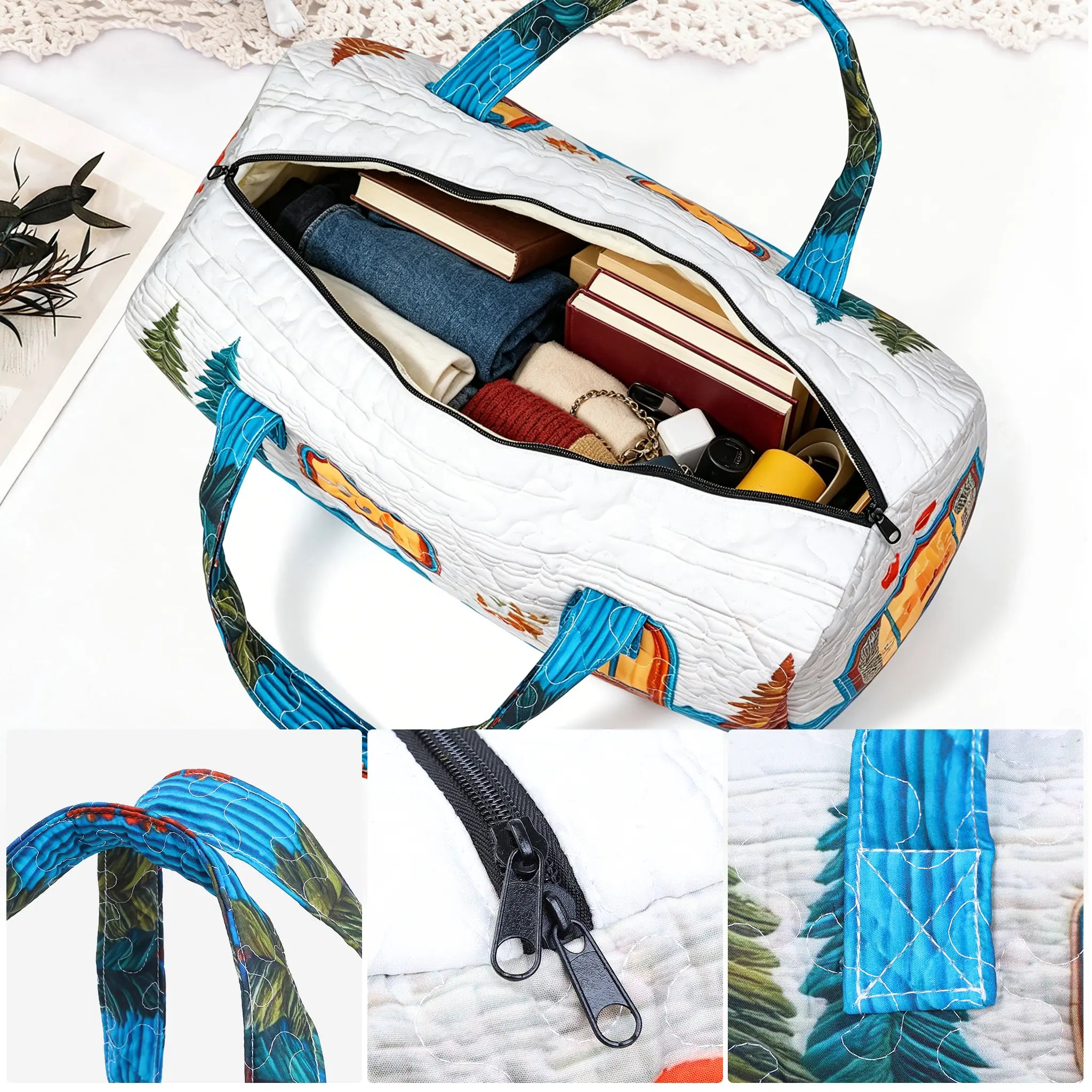 Boho Quilted Weekender Duffele Bag for Women - Vibrant Hippie-Inspired Hippie Stuff Large Tote, Lightweight Travel Bag with Soft Fabric, Adjustable Shoulder Strap, Wrist Strap, Ideal for Short Trips, Overnight Stays