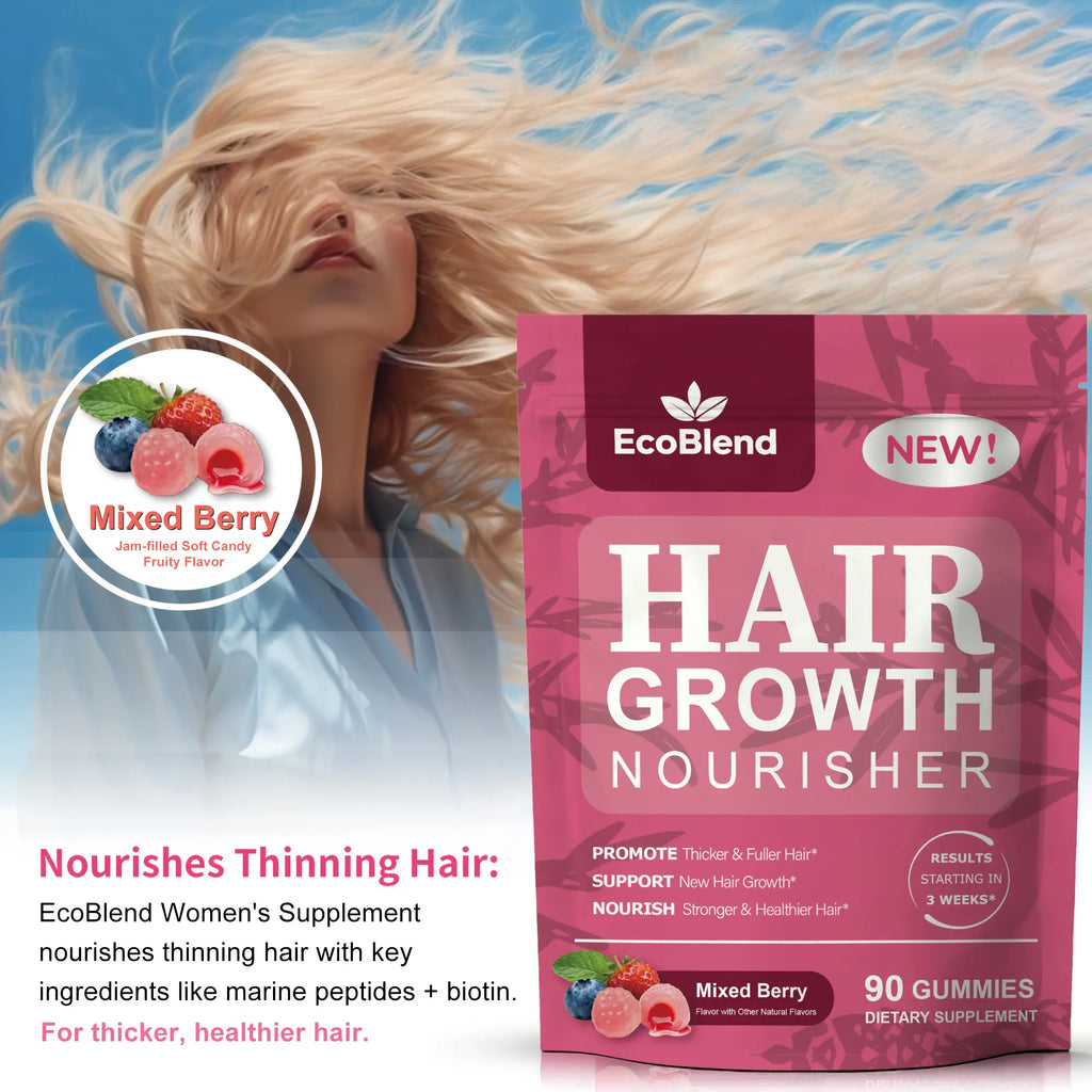 Ecoblend Women'S Hair Growth Dietary Supplement Gummies - Natural Blend, Prop 65 Safe, Gentle Formula for Thinning Hair Nourishment & Fuller Locks, Filled, Mixed Berry Flavor, 90 Count (45-Day Supply), Chewable, Hair & Nail Care