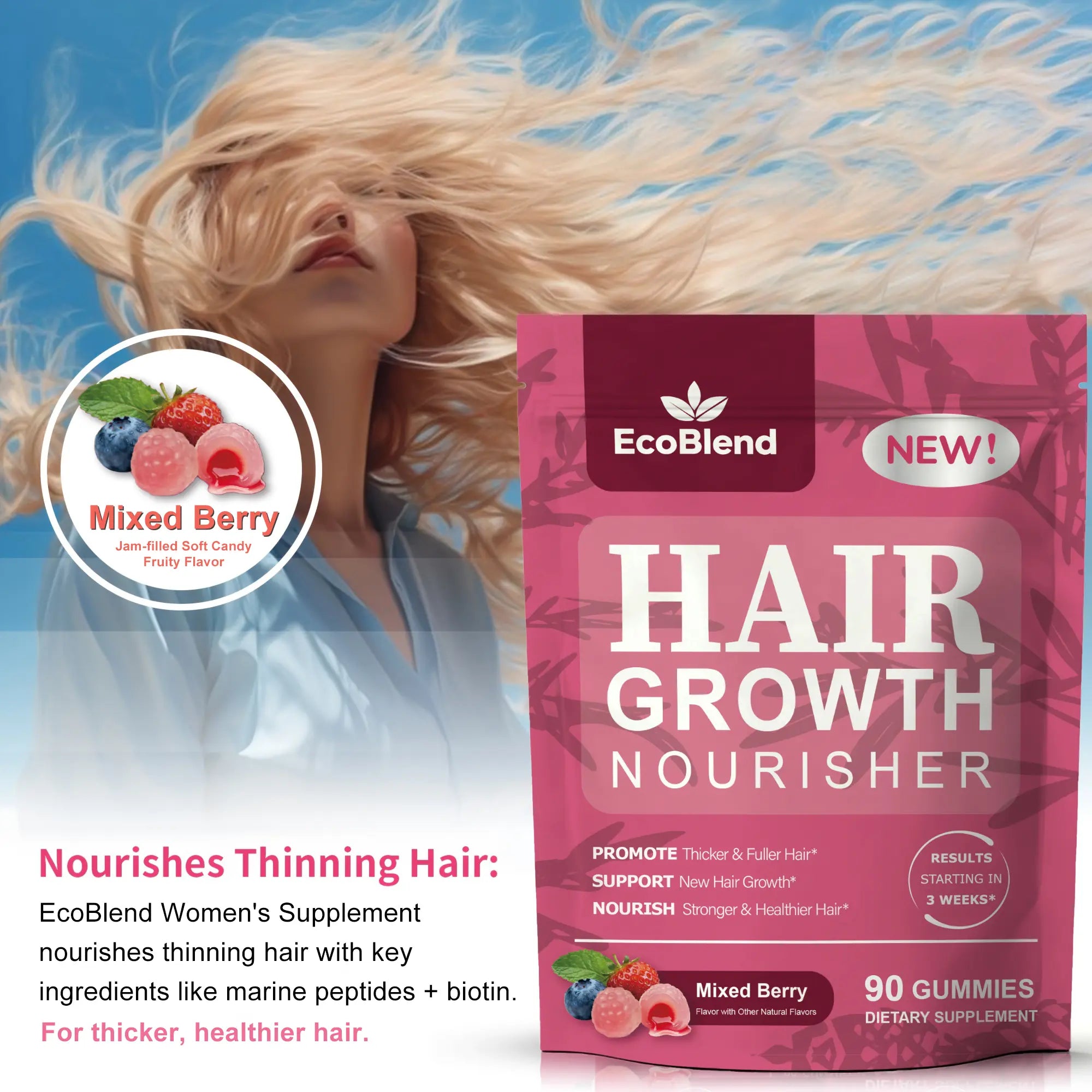 Ecoblend Women'S Hair Growth Dietary Supplement Gummies - Natural Blend, Prop 65 Safe, Gentle Formula for Thinning Hair Nourishment & Fuller Locks, Filled, Mixed Berry Flavor, 90 Count (45-Day Supply), Chewable, Hair & Nail Care
