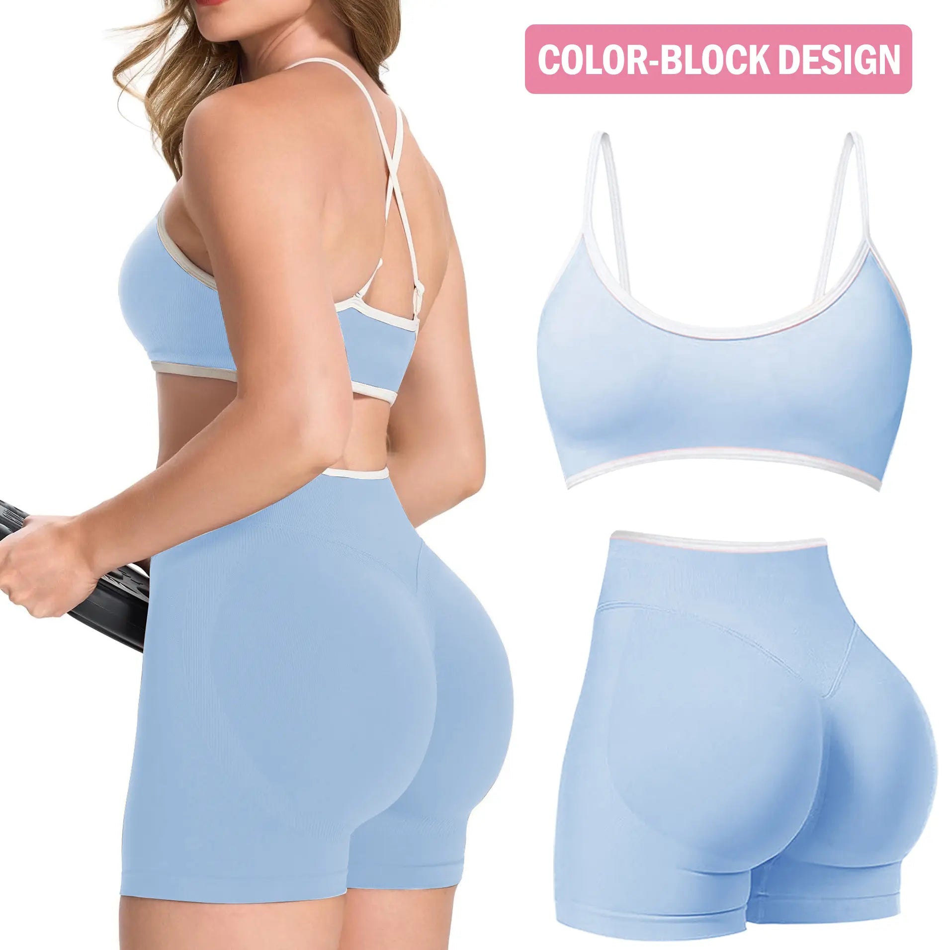 Jetjoy 2 Pieces Workout Sets for Women, Leopard Womens 2 Piece Workout Sets Seamless Color Block Spaghetti Straps Sports Bra Scrunch Butt Lifting High Waist Shorts Gym Set Tracksuit