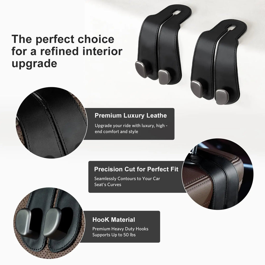 Car Seat Headrest Hooks - 2 Pack Universal Car Purse Hook, Leather Car Bag Purse Holder with Double Metal Hooks for Handbags, Grocery Bags, Bottles, Phones