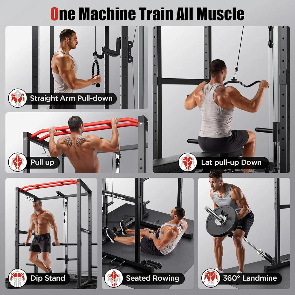 FED FITNESS Power Rack, Multi-Functional Power Cage Only, Squat Rack with Pulley System & LAT Pull Down, Workout Cage with J Hooks for Home Gym, Red or Blue