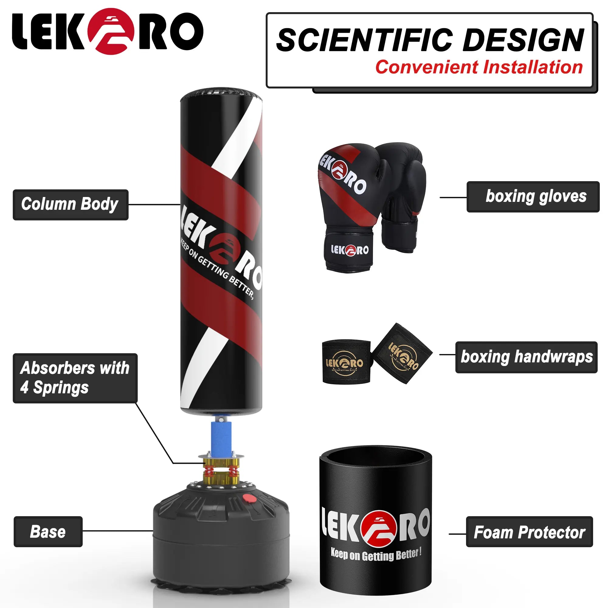 LEKÄRO Punching Bag with Stand, Freestanding Heavy Boxing Bag with Gloves, Stable Base, Fast Rebound for Home Gym Training | Ships in 2 Packages