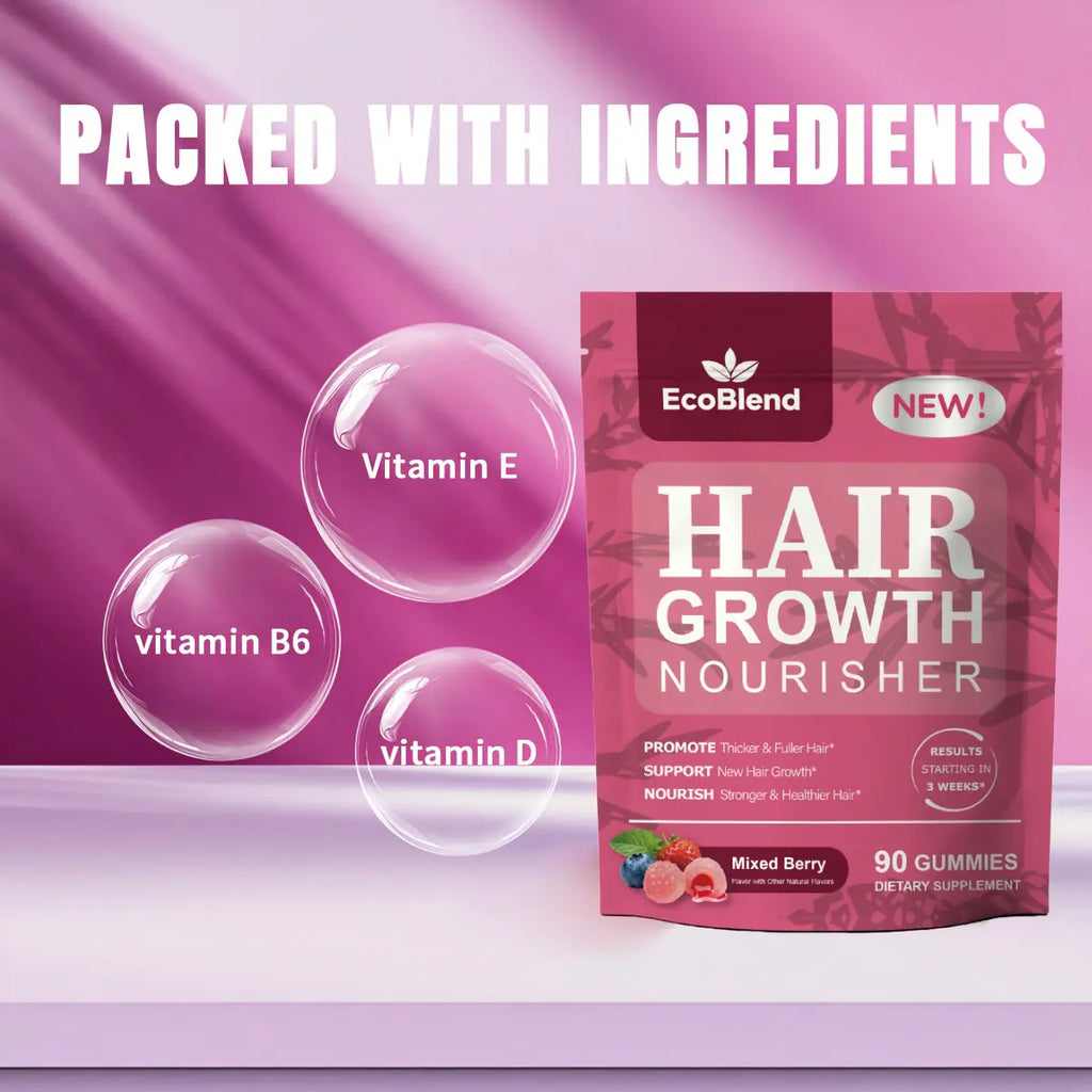 Ecoblend Women'S Hair Growth Dietary Supplement Gummies - Natural Blend, Prop 65 Safe, Gentle Formula for Thinning Hair Nourishment & Fuller Locks, Filled, Mixed Berry Flavor, 90 Count (45-Day Supply), Chewable, Hair & Nail Care