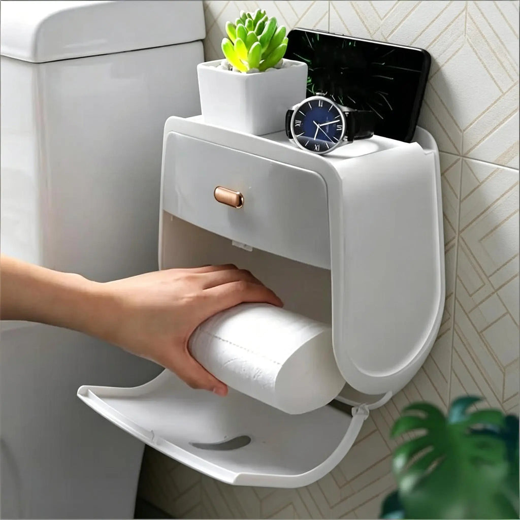 1-Piece Wall-Mounted Toilet Paper Holder, Double-Capacity Bathroom Tissue Waterproof Storage Box, Space-Saving Bathroom Organizer