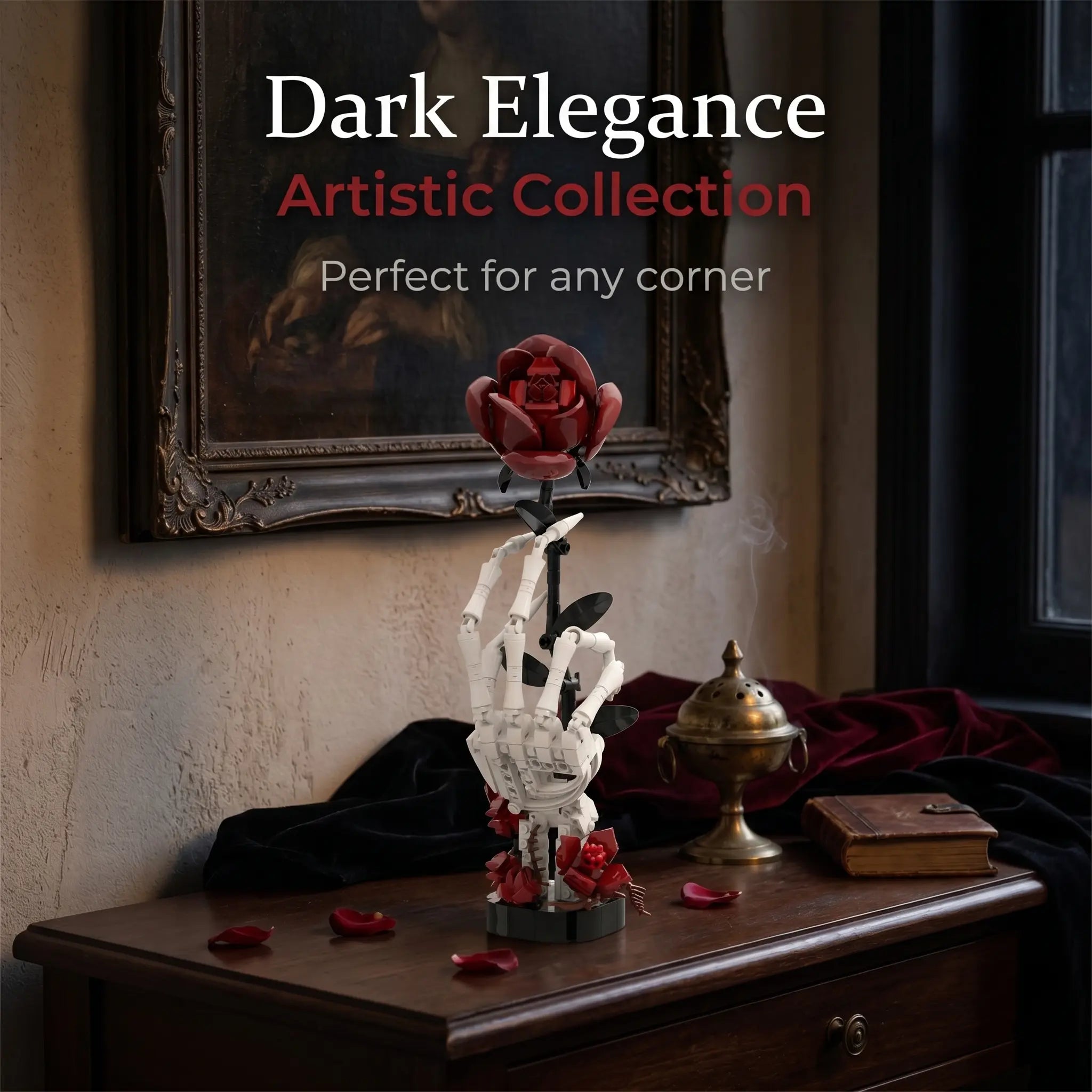 Gothic Skull Hand Rose Building Set – Dark Romantic Skeleton Hand Holding Rose, Viral Aesthetic Desk Decor, Horror-Inspired Room Display, Unique Gift Idea for Adults & Teens, Creative Model Kit