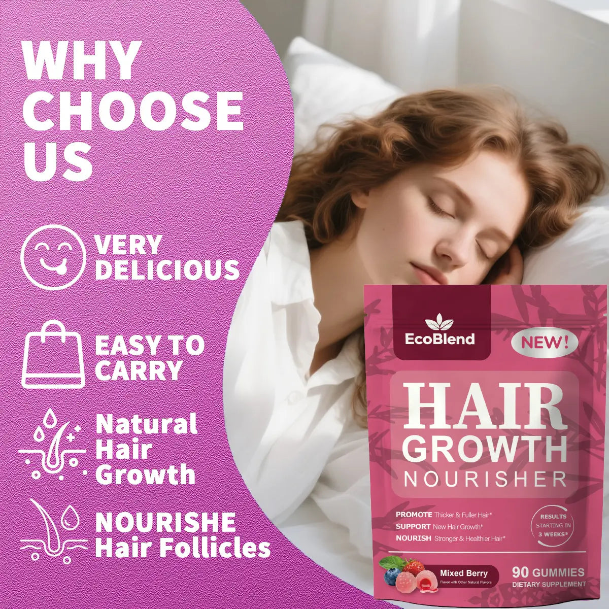 Ecoblend Women'S Hair Growth Dietary Supplement Gummies - Natural Blend, Prop 65 Safe, Gentle Formula for Thinning Hair Nourishment & Fuller Locks, Filled, Mixed Berry Flavor, 90 Count (45-Day Supply), Chewable, Hair & Nail Care
