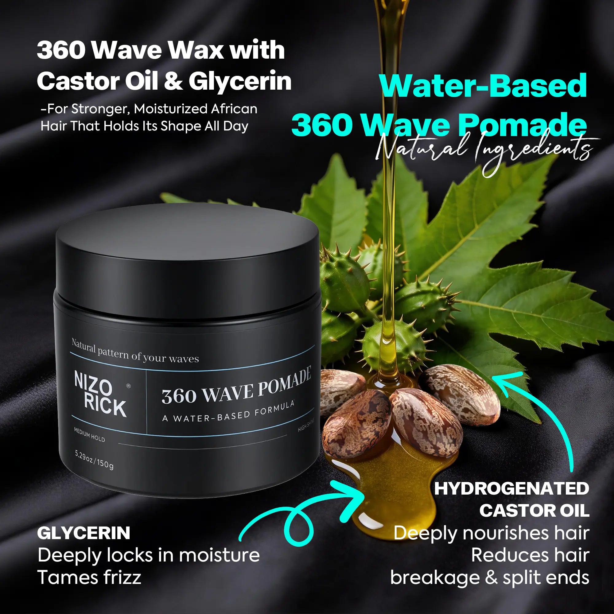 360 Wave Pomade for Men - Strong Hold Water-Based Styling for Defined Waves Non-Greasy Finish, 150G
