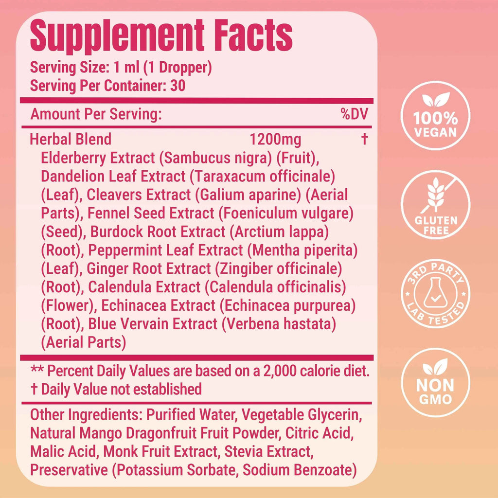 Leefar Cutting Drops – Lymphatic-Focused Debloat Formula with Dandelion, Cleavers, Burdock & Elderberry for Lymphatic Drainage, Bloat Relief, Digestive Comfort and Detox – Mango Dragonfruit Flavor, 30 Servings