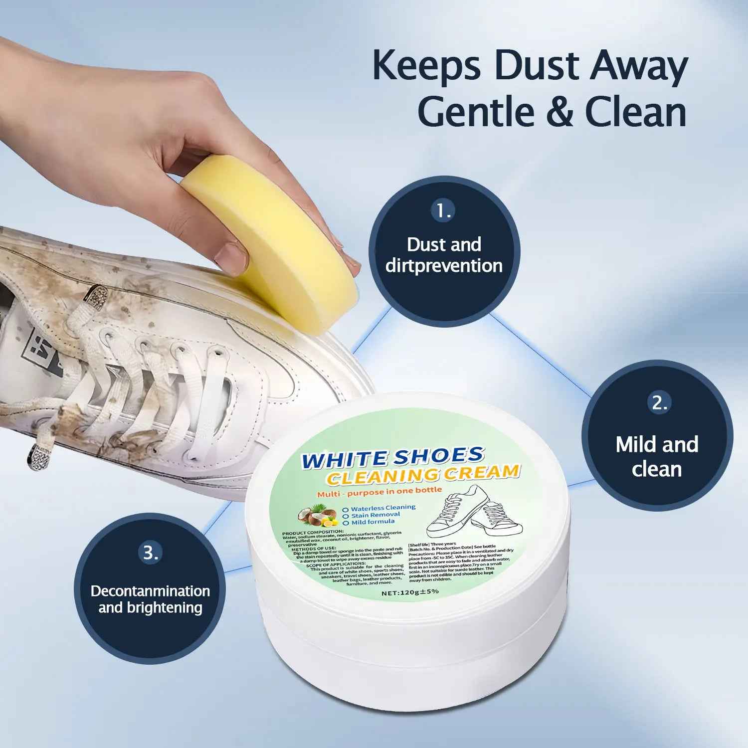 White Shoe Cleaning Cream with Sponge Applicator - Multi-Purpose Leather Upholstery & Footwear Cleaner for Sneakers, Canvas Shoes Casual