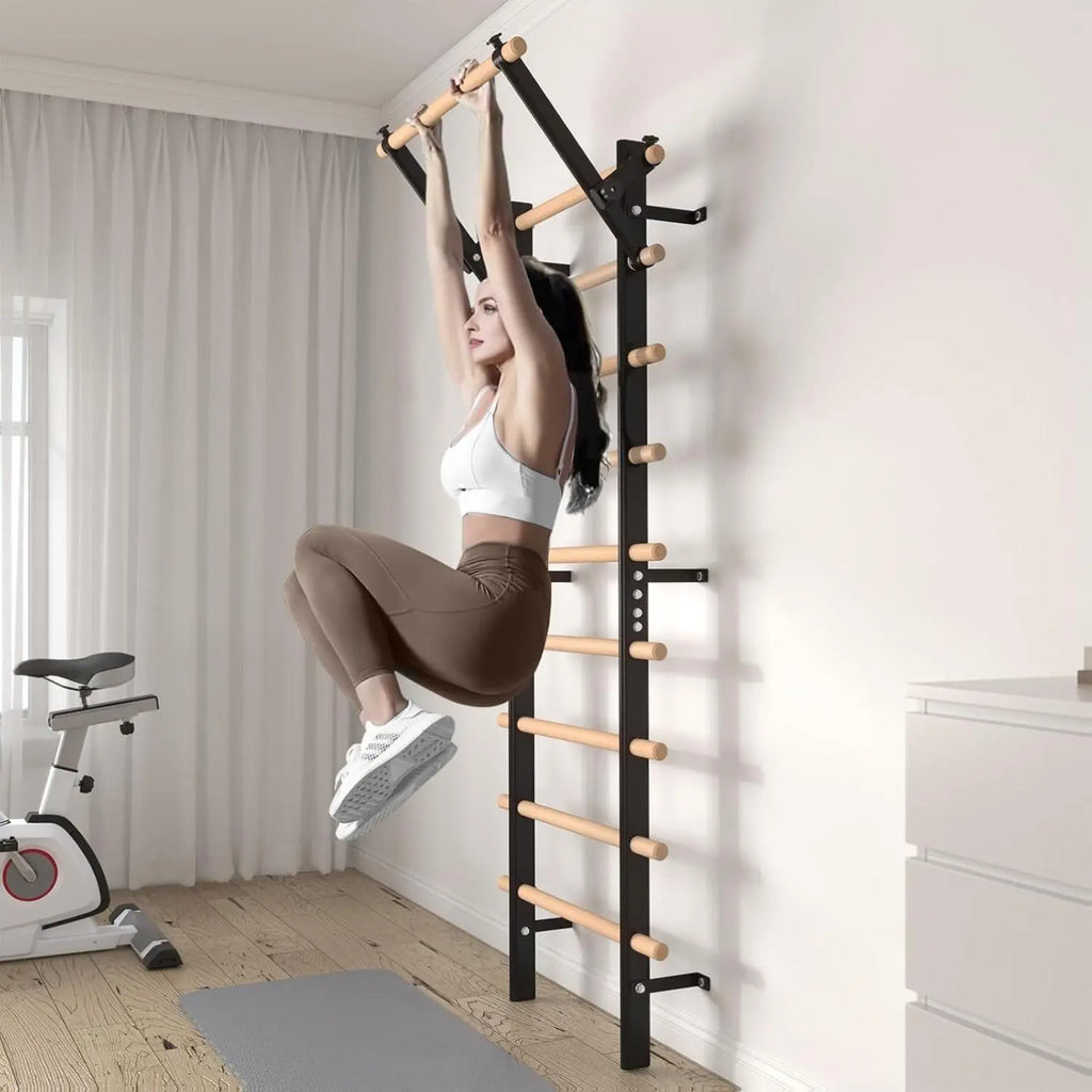 Swedish Ladder Wood Stall Bar, Suspension Trainer with Pull-Up Bar and Dip Bar Attachments, Wooden Stall Bar with 9 Strategic Rods for Core Strengthening and Stretching Balanced for Body Exercises