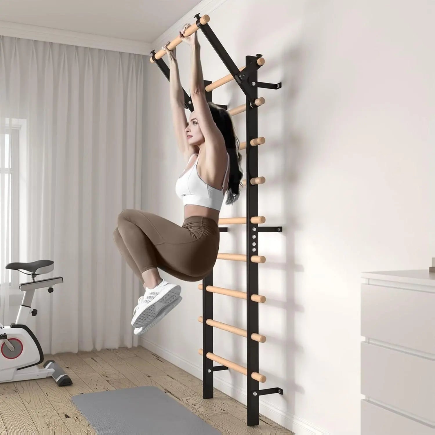 Swedish Ladder Wood Stall Bar, Suspension Trainer with Pull-Up Bar and Dip Bar Attachments, Wooden Stall Bar with 9 Strategic Rods for Core Strengthening and Stretching Balanced for Body Exercises