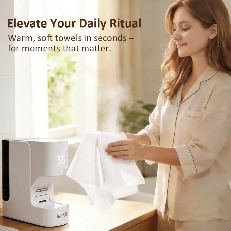 Livefull CL01 Facial Towel Warmer, Automatic Dispenser, 55°C Warm Towels, 20 Compressed Towels Included, Home Spa Device