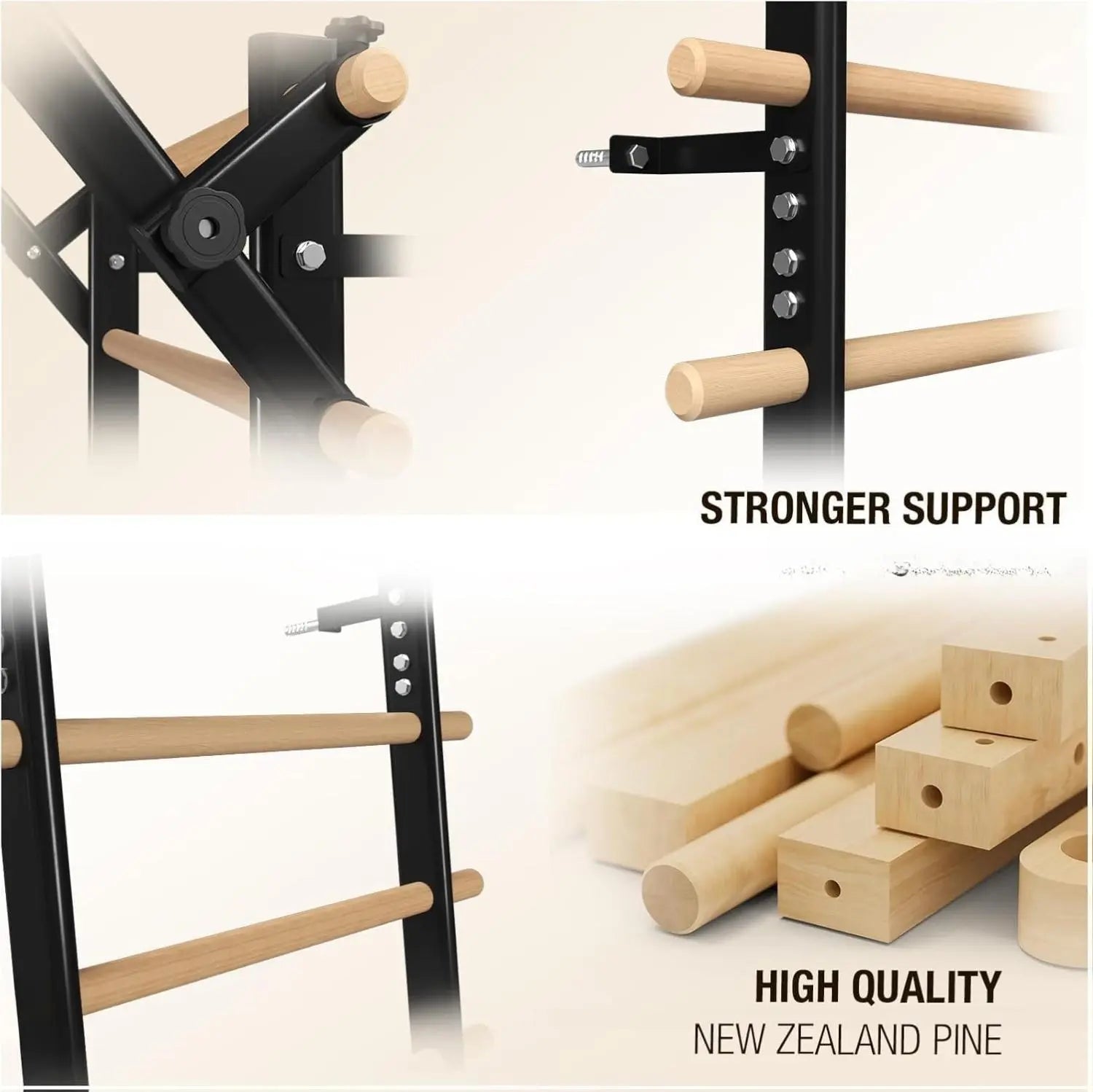 Swedish Ladder Wood Stall Bar, Suspension Trainer with Pull-Up Bar and Dip Bar Attachments, Wooden Stall Bar with 9 Strategic Rods for Core Strengthening and Stretching Balanced for Body Exercises