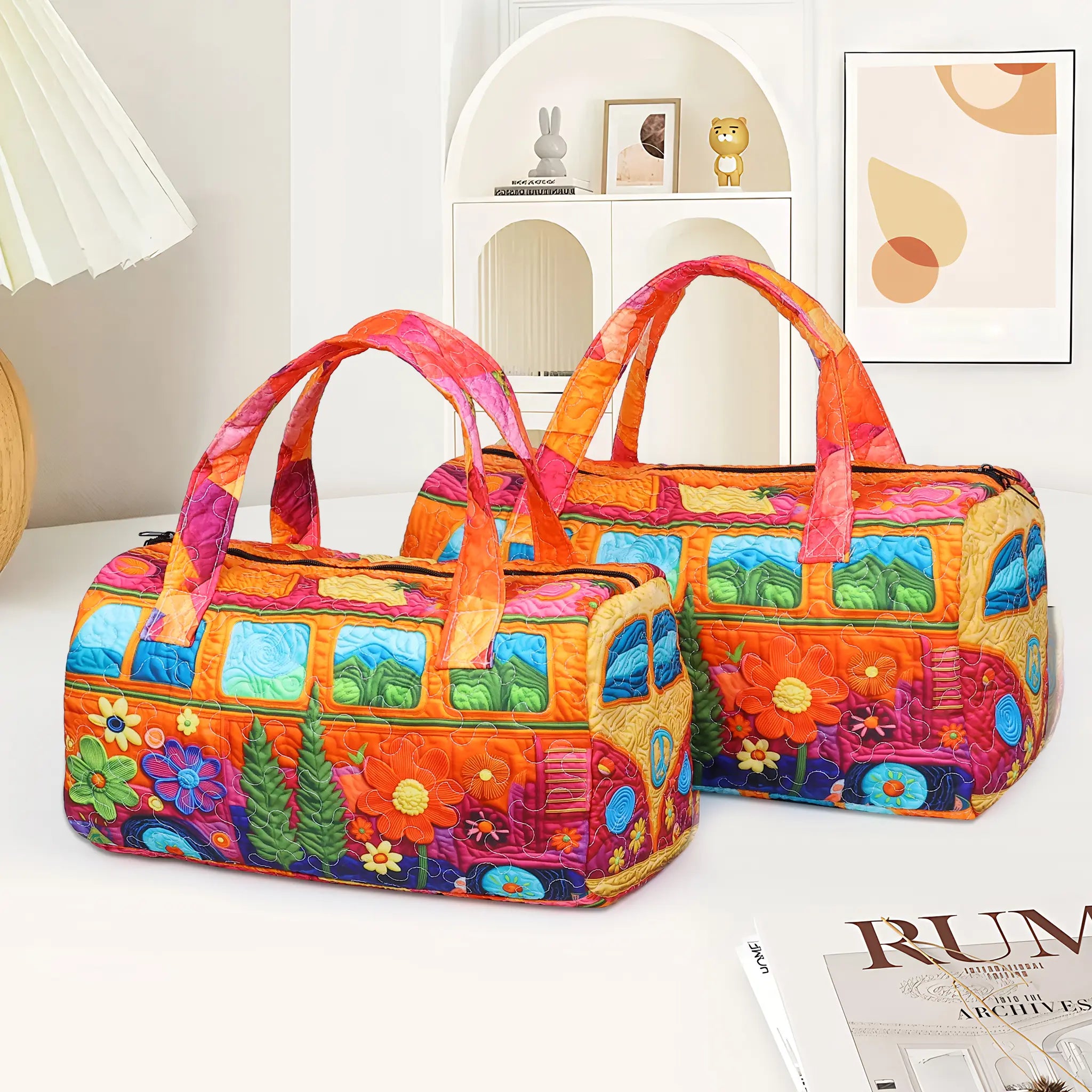 Boho Quilted Weekender Duffele Bag for Women - Vibrant Hippie-Inspired Hippie Stuff Large Tote, Lightweight Travel Bag with Soft Fabric, Adjustable Shoulder Strap, Wrist Strap, Ideal for Short Trips, Overnight Stays