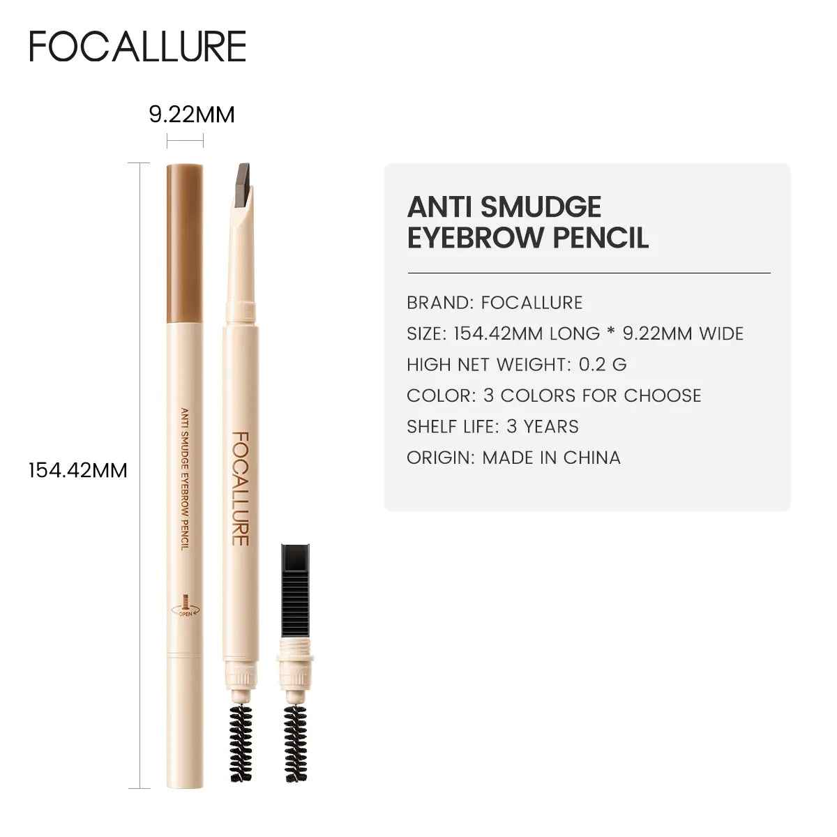 FOCALLURE Eversharp Blade Cosmetic Eyebrow Pencil with Sharpener, Waterproof, Smudge-Proof, High Pigmented, Break-Resistant, Non-Caking, Smooth Pre-Filled Natural-Looking Makeup Eyebrow Pencil